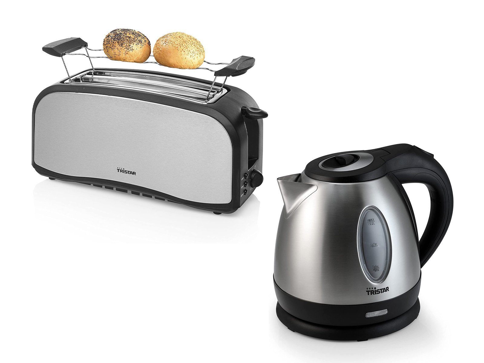 Tristar Тостери, 2 lange Schlitze, für Brötchen, Toast und Sandwiches, 1400 W, Frühstück-SET 4er Toastmaschine Toster, kleiner 1,2 Liter Wasserkocher