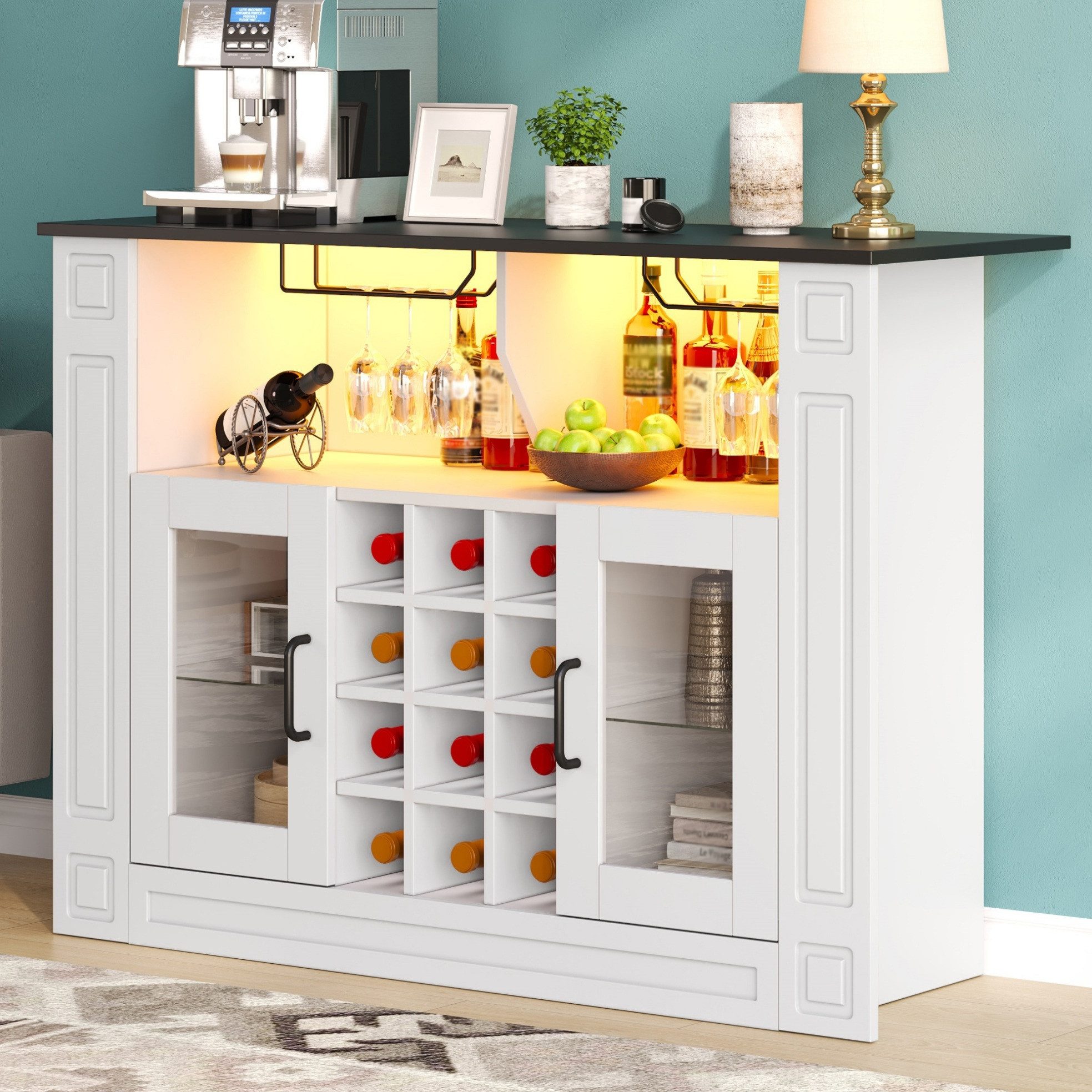 OKWISH Weinschrank Getränkeschrank mit LED Beleuchtung und Weinregal 120×35×84 cm (Packung, 1-St., Aufbewahrungsschrank für Wein Küche Wohnzimmer Esszimmer) Barschrank Küche mit Glashaltern und herausnehmbaren Fächern