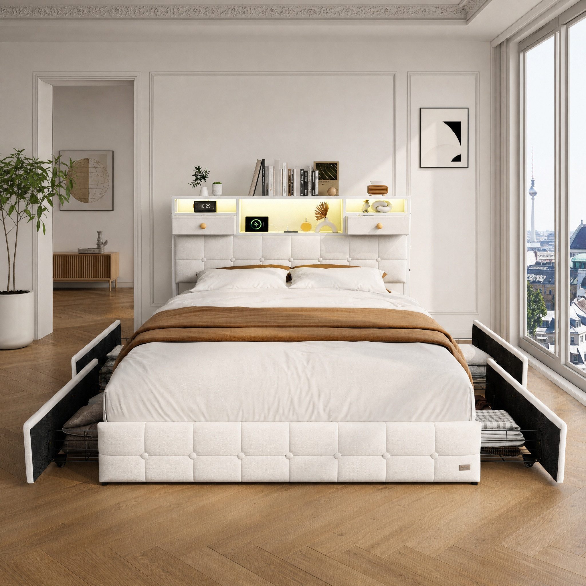 Furnishings Home Polsterbett Doppelbett LED Stauraumbett mit Schubladen (Mit Komforthöhe Lattenrost, Leises Design Bett), Modernes Jugendbett, Leises Design Bett, Max. Belastbarkeit 350 kg