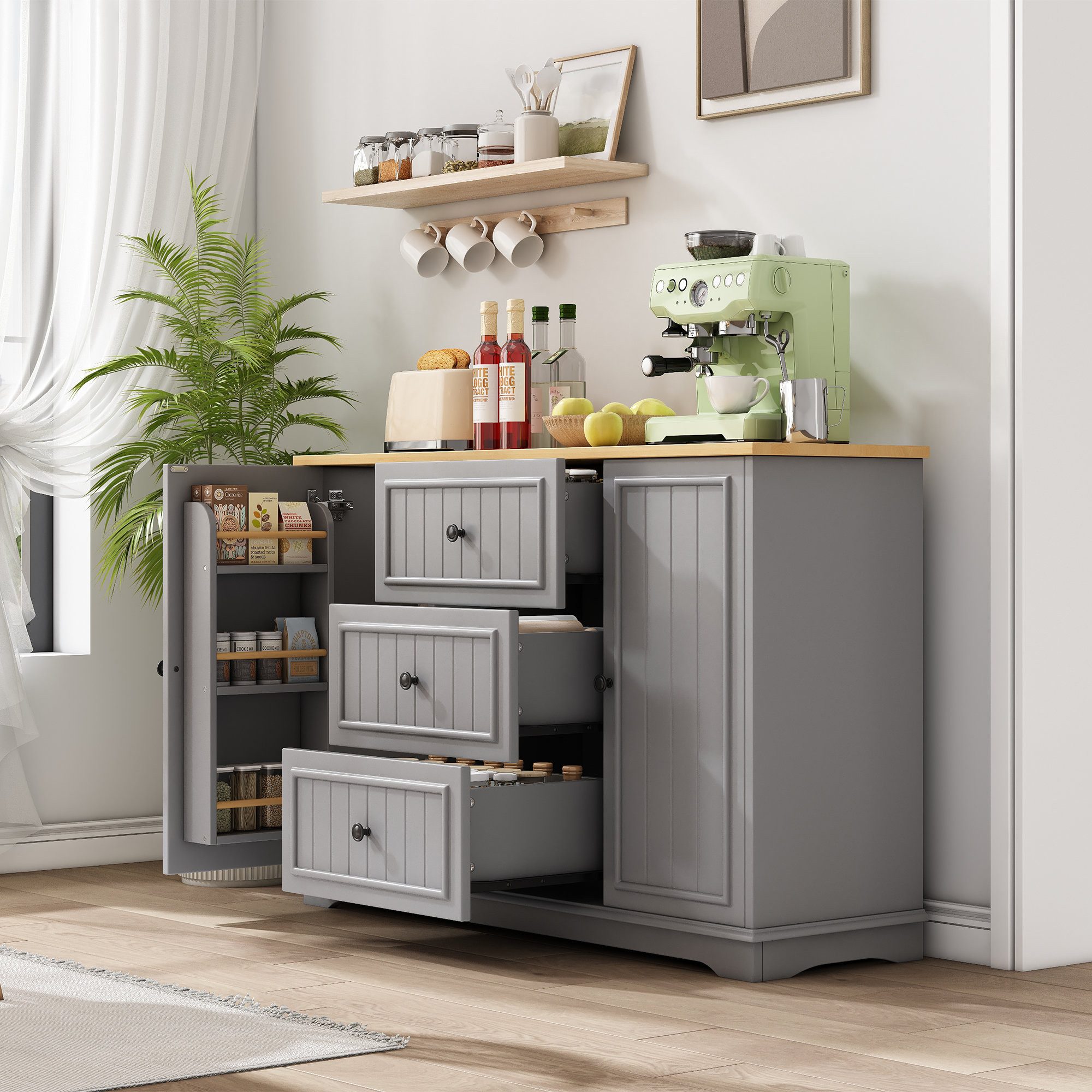 Odikalo Sideboard Buffetschrank Kommode mit 3 Schubladen (Höhenverstellbare Böden (je 10 kg), Arbeitsplatte bis 40 kg, geschwungene Sockelleiste,kühlschrankähnlichen Türen)
