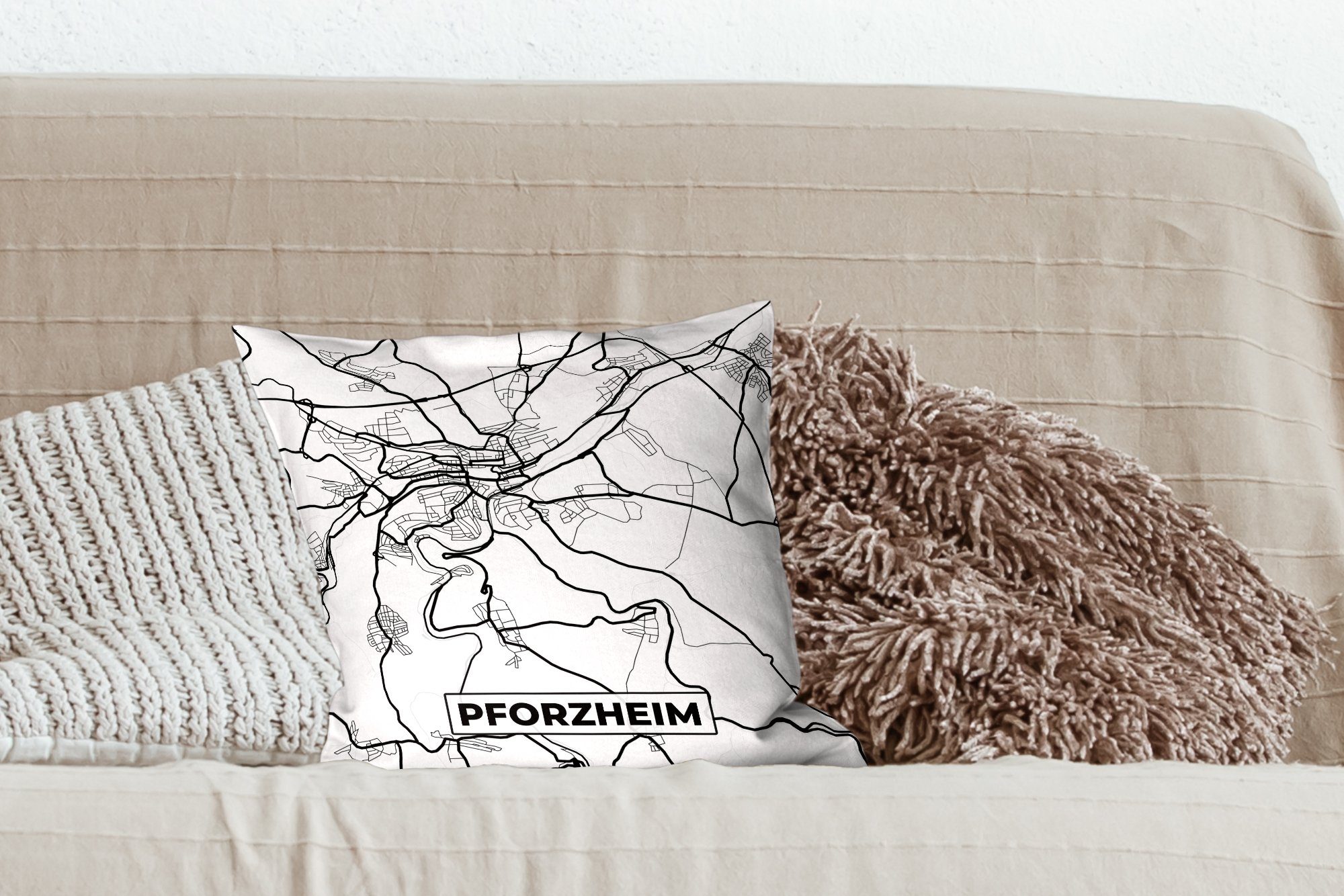- Karte Wohzimmer, Pforzheim für Stadtplan, Schlafzimmer, Zierkissen Sofakissen MuchoWow Füllung - Dekokissen Deko, mit