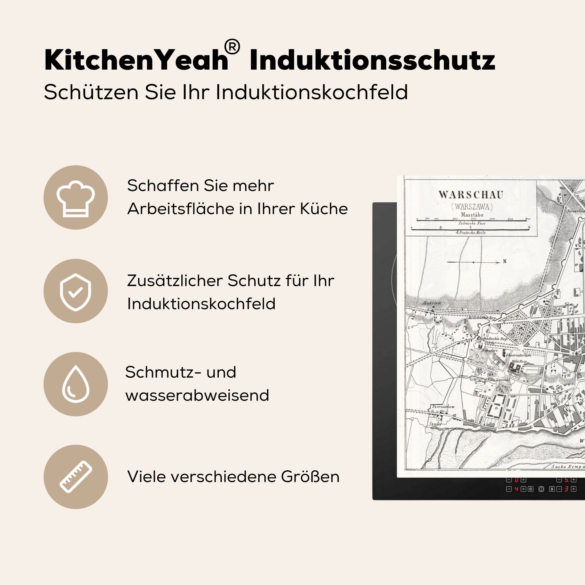 MuchoWow Herdblende-/Abdeckplatte Ein alter Stadtplan tlg), für küche 83x51 Europa, Ceranfeldabdeckung, Vinyl, cm, in (1 von Warschau Arbeitsplatte