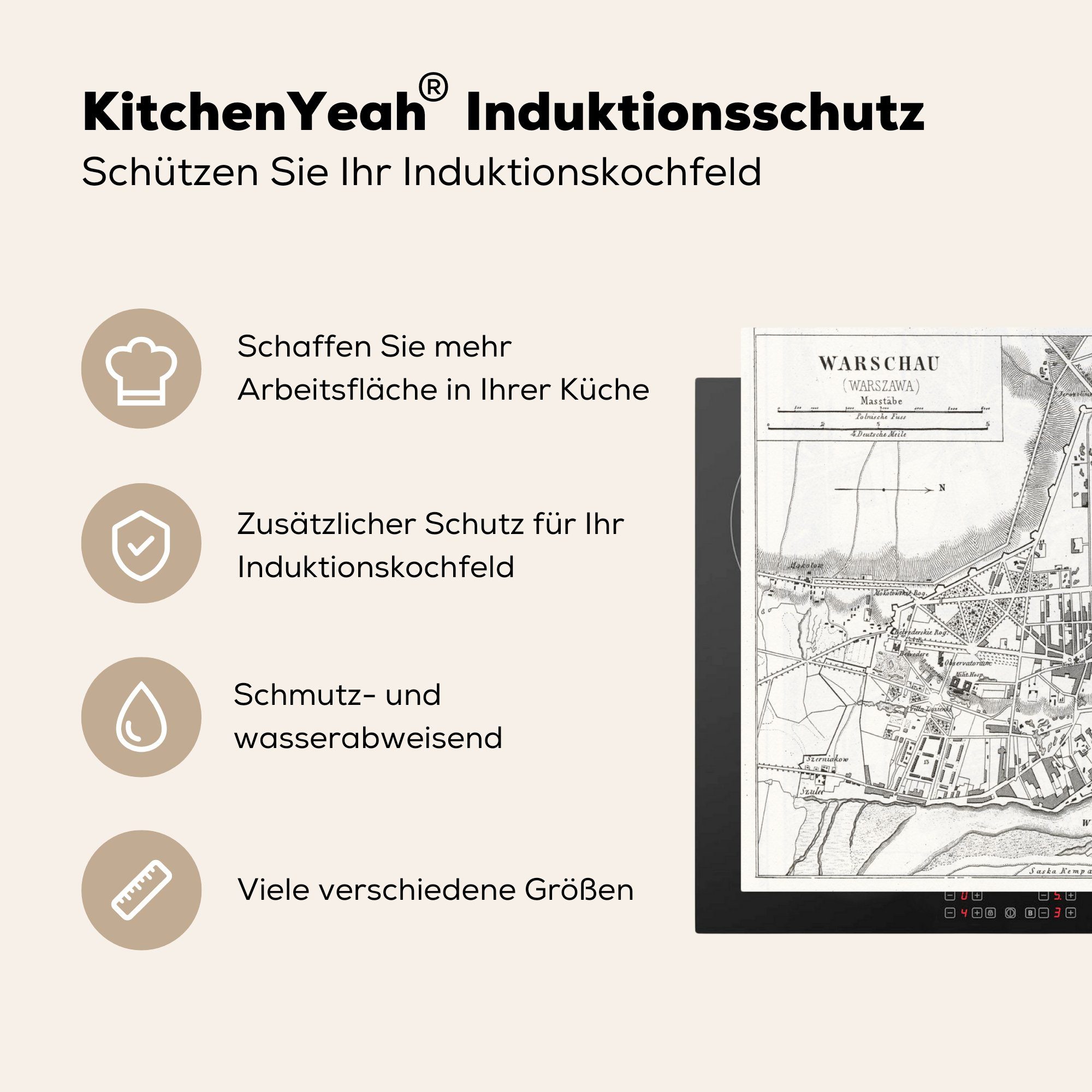 Herdblende-/Abdeckplatte Vinyl, (1 83x51 Arbeitsplatte in cm, von für Ceranfeldabdeckung, Europa, Warschau alter MuchoWow Ein küche tlg), Stadtplan