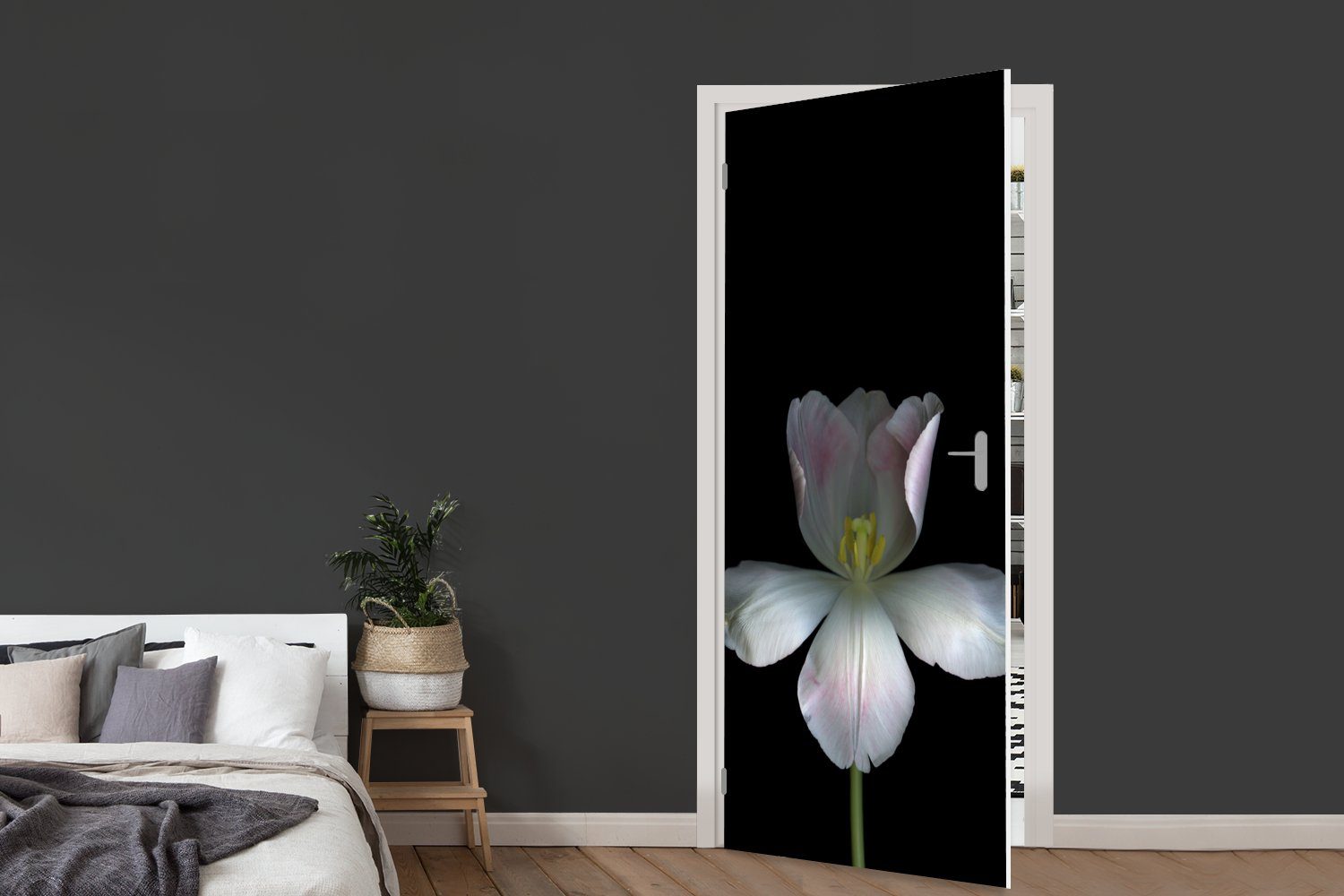 für Tür, Tulpen Fototapete Matt, bedruckt, (1 cm Türtapete auf 75x205 St), Weiße schwarzem Türaufkleber, MuchoWow Hintergrund,