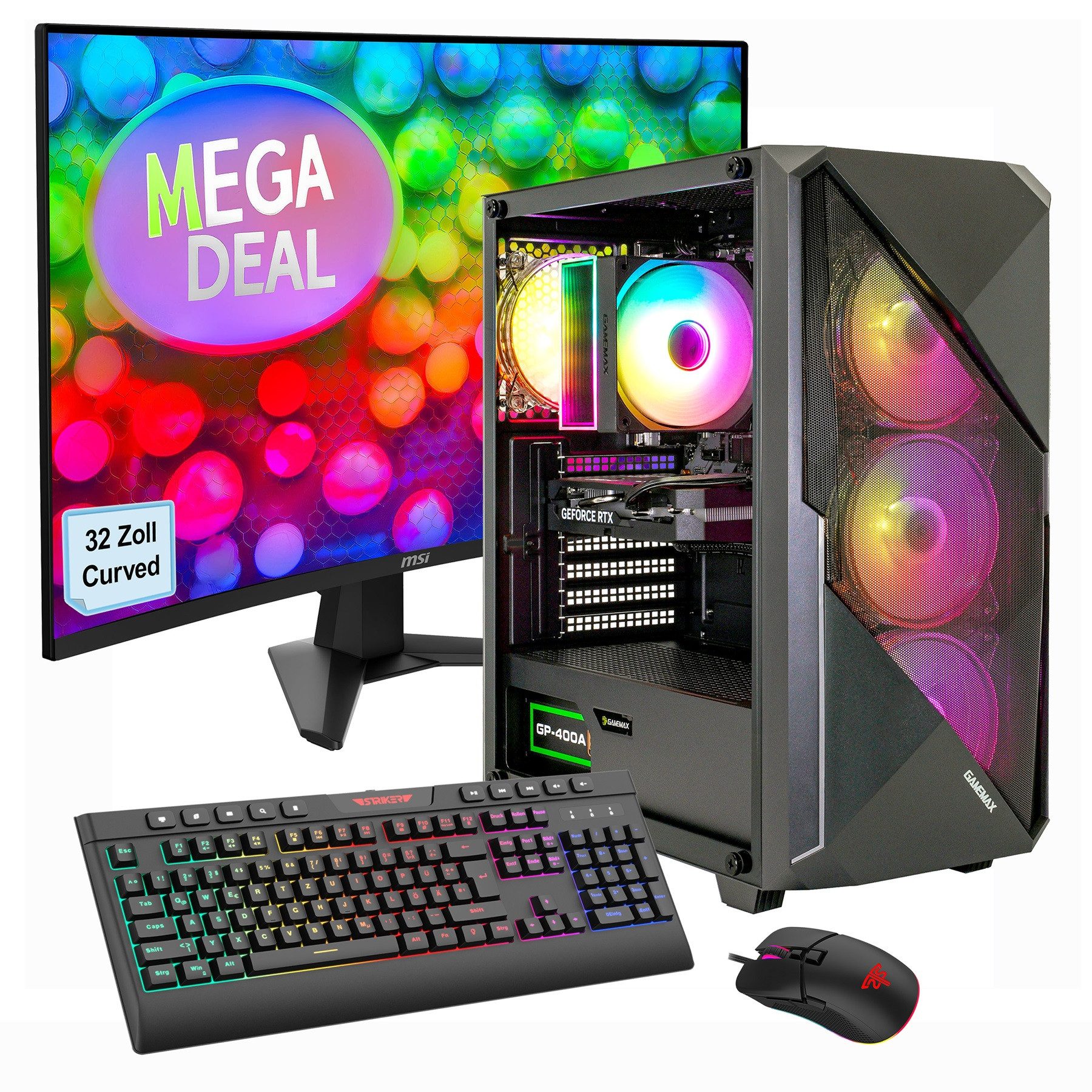 GAMEMAX MegaDeal Striker SET2624 PC-Komplettsystem (32", AMD Ryzen 5 7500F, RTX 5060 Ti, 32 GB RAM, 1000 GB SSD, Windows 11, DDR5 RAM + MSI MAG 32C6 Curved Monitor, 80cm (32)