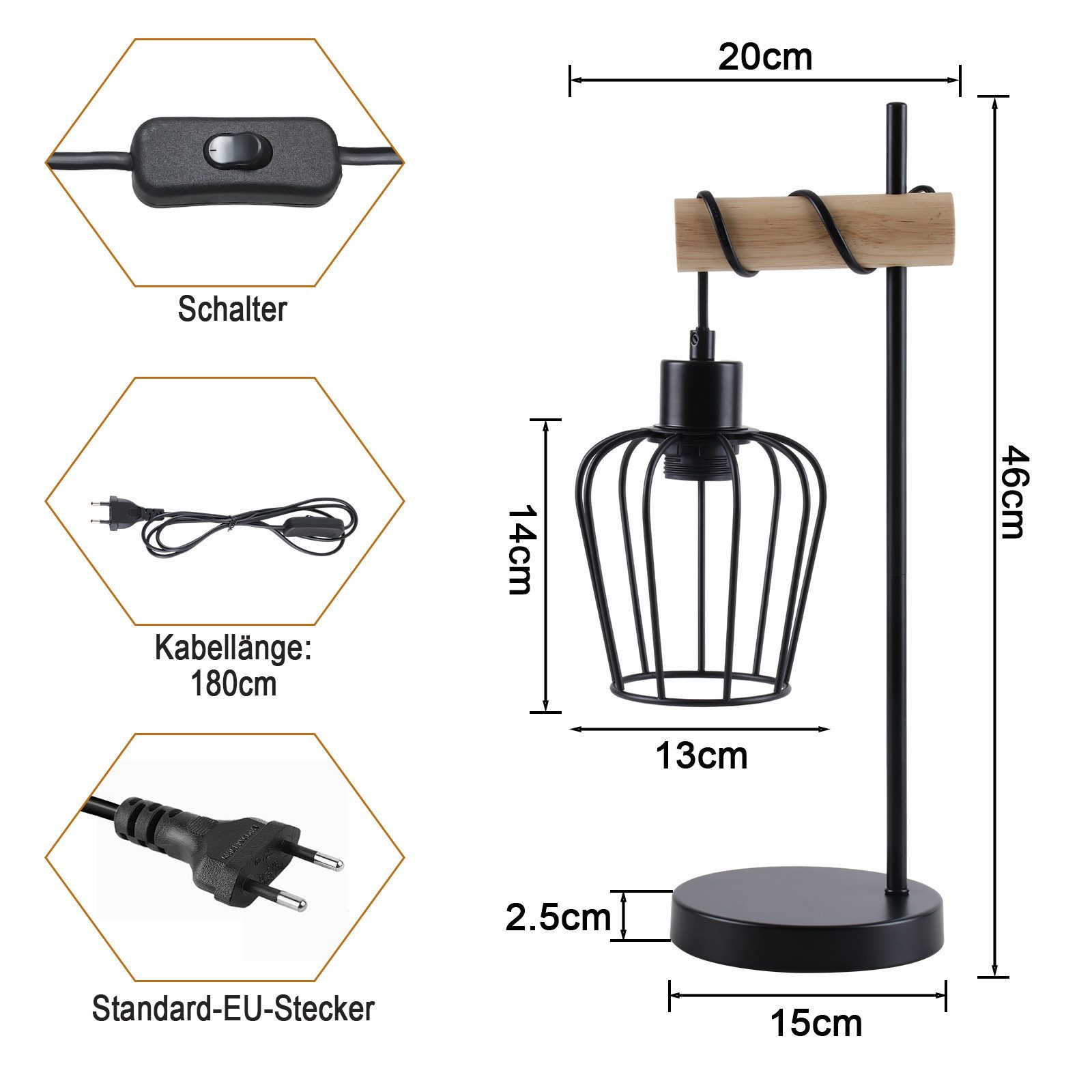 Nettlife Tischleuchte Holz Vintage E27 Tischlampe Wohnzimmer Nachttischlampe Schwarz, LED wechselbar, Geeignet für Schlafzimmer, Wohnzimmer, Esszimmer, Arbeitszimmer, Büro