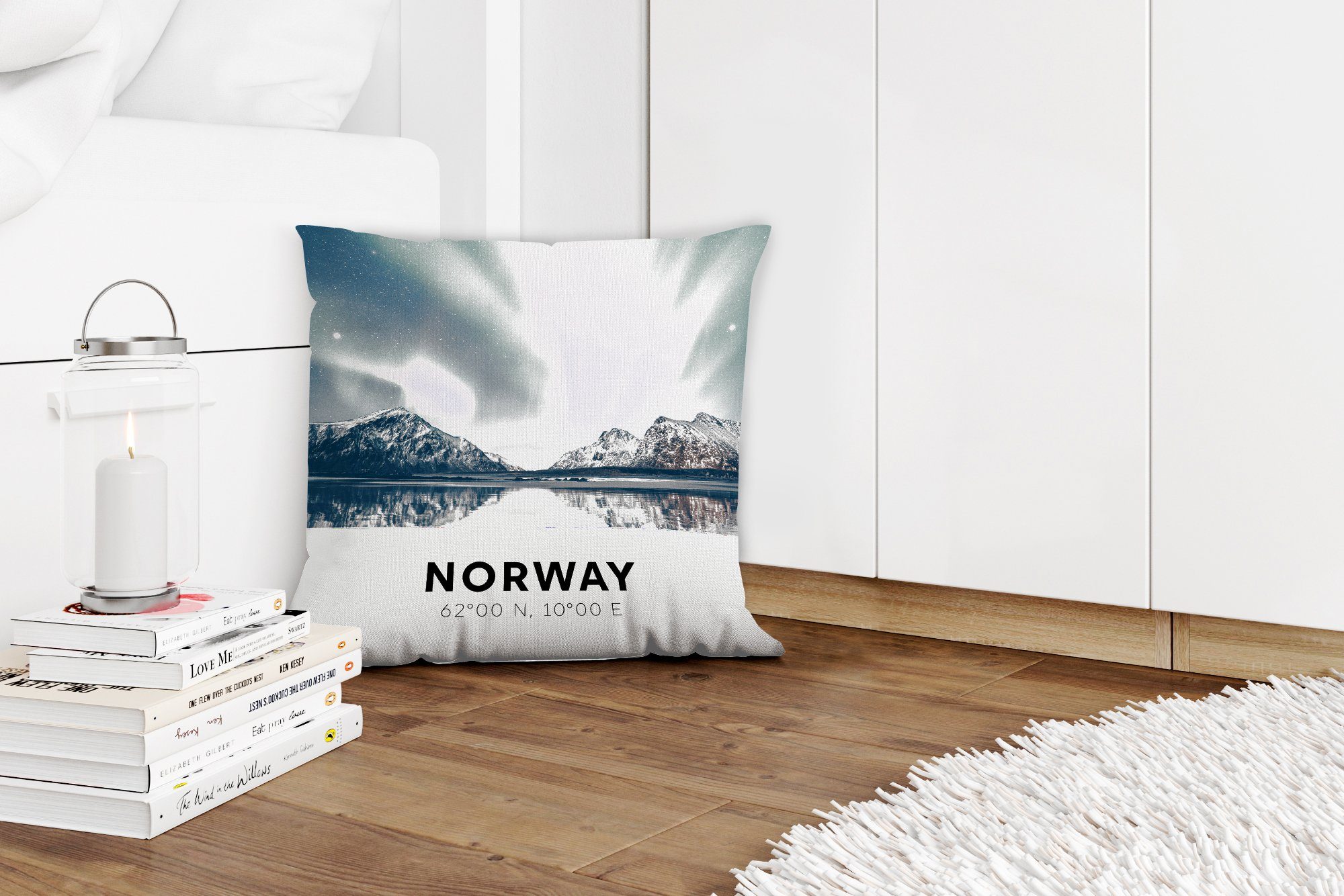 Dekokissen Schlafzimmer, Sofakissen mit Nordlichter, - Deko, Zierkissen für Norwegen Wohzimmer, Füllung Gletscher MuchoWow -