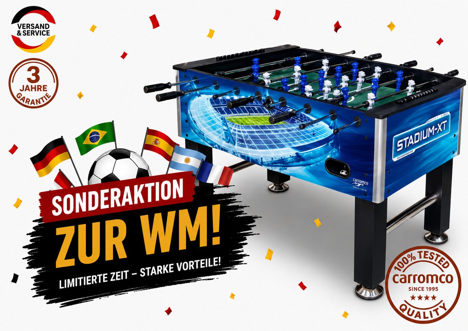 Carromco Kickertisch Stadium-XT - Profi Tischkicker für Erwachsene, 142x75x87,5 cm, Stabiler Korpus, Stahlstangen