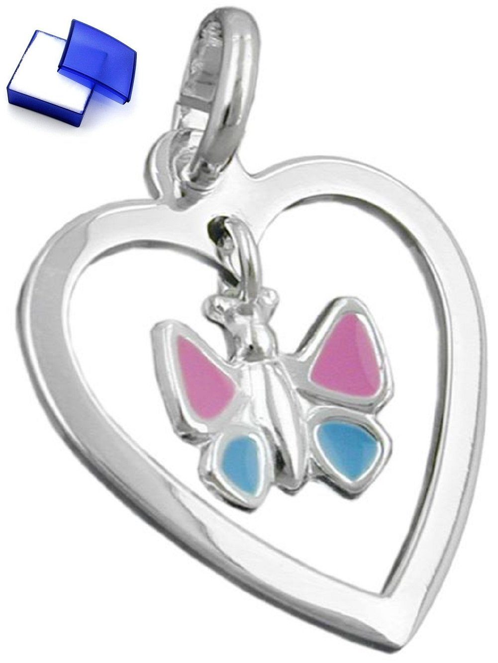unbespielt Kettenanhänger Anhänger Herz mit Schmetterling farbig lackiert 17 x 15 mm 925 Silber inkl. Schmuckbox, Silberschmuck für Kinder