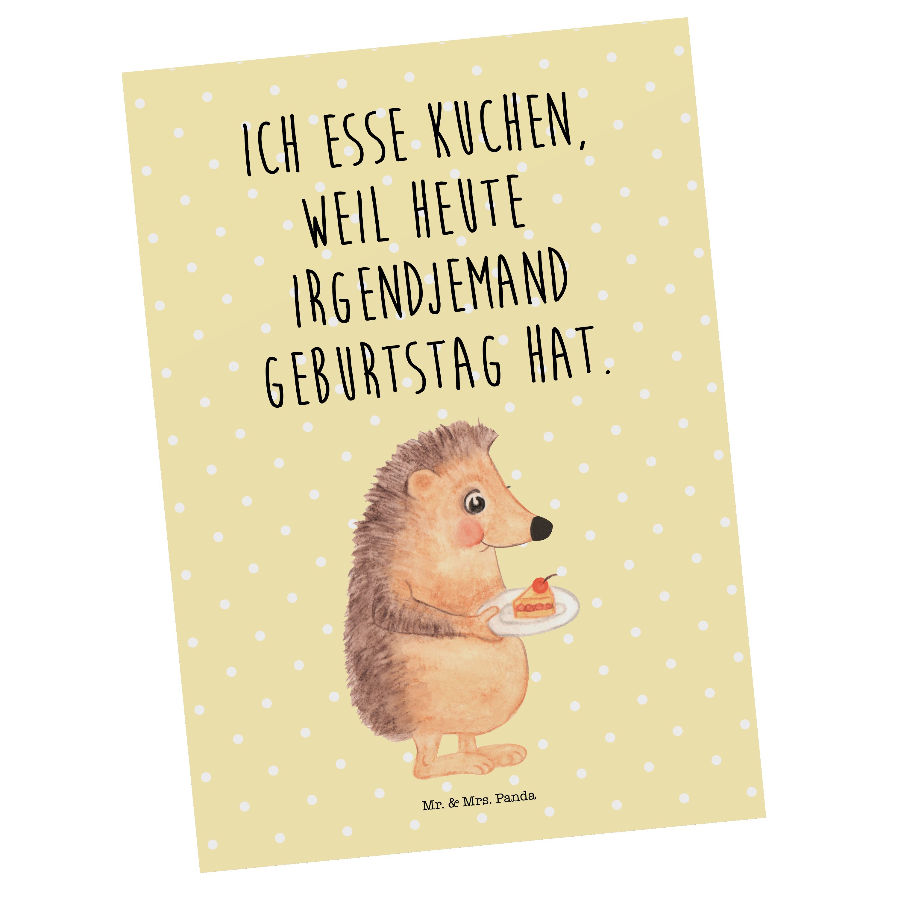 Mr. & Mrs. Panda Postkarte Igel mit Kuchenstück - Gelb Pastell - Geschenk, Tiermotive, Geburtsta