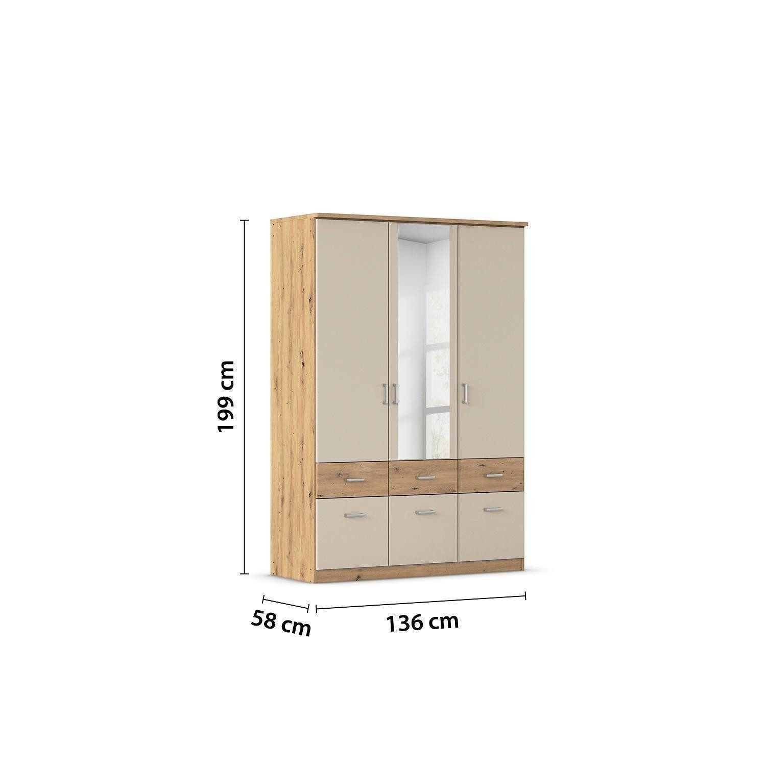 rauch Kleiderschrank BREMEN, Artisan Eiche Dekor, Champagnerfarben, 3-türig, mit Spiegel, B 136 x H 199 x T 56 cm