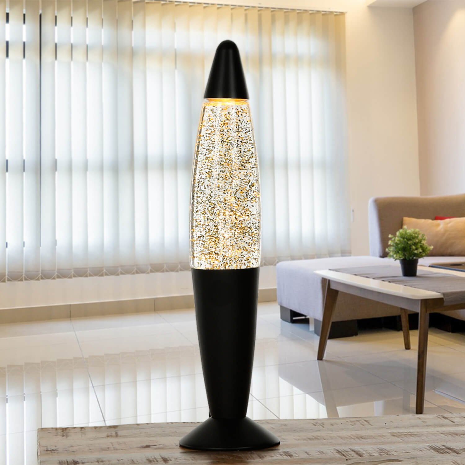 Licht-Erlebnisse Lavalampe »TIMMY«, Tischleuchte Glitterlampe Schwarz Gold  36 cm Retro Design