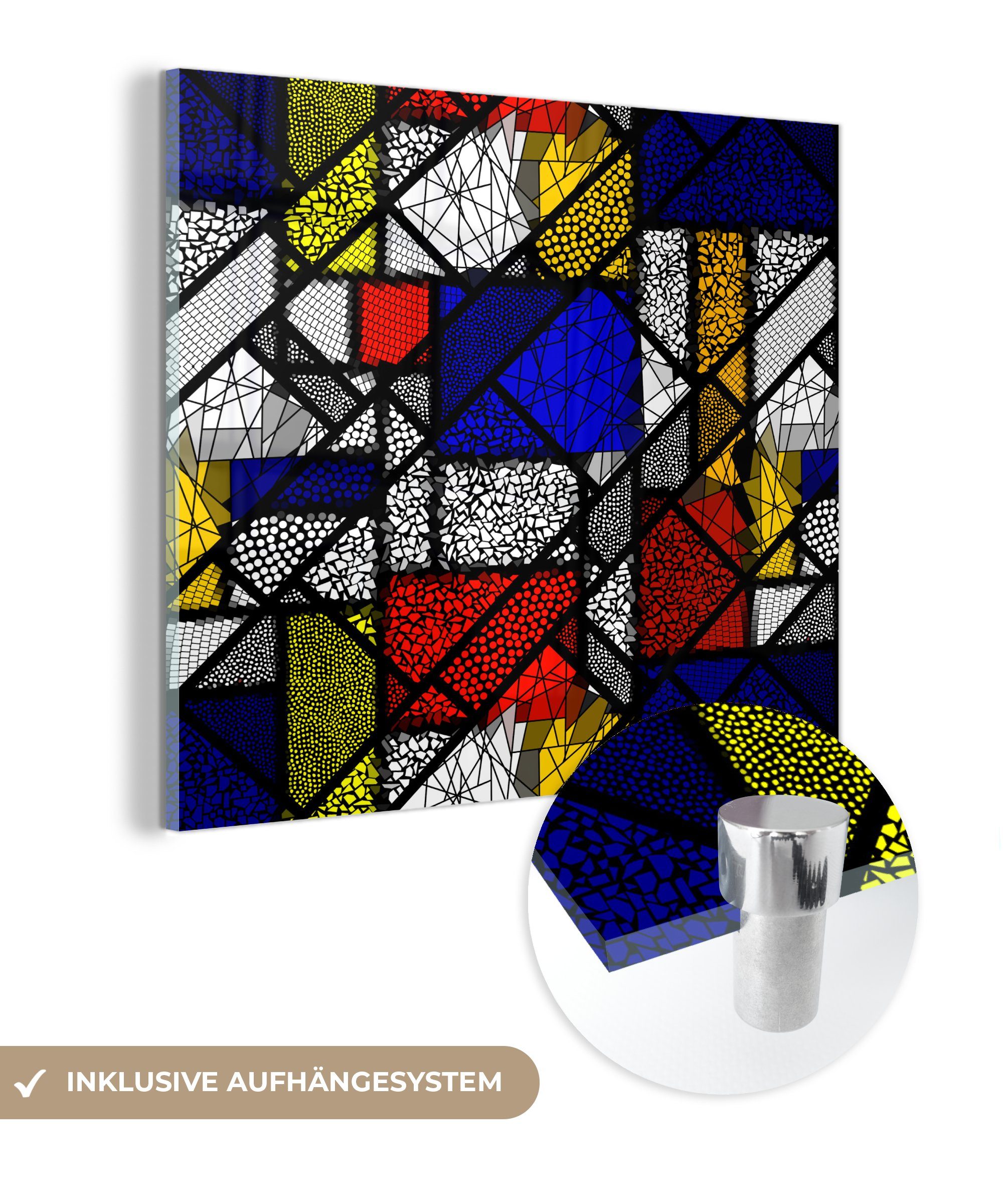 MuchoWow Acrylglasbild Mondrian - Glasmalerei - Alte Meister - Kunstwerk - Abstrakt - Malerei, (1 St), Glasbilder - Bilder auf Glas Wandbild - Foto auf Glas - Wanddekoration bunt