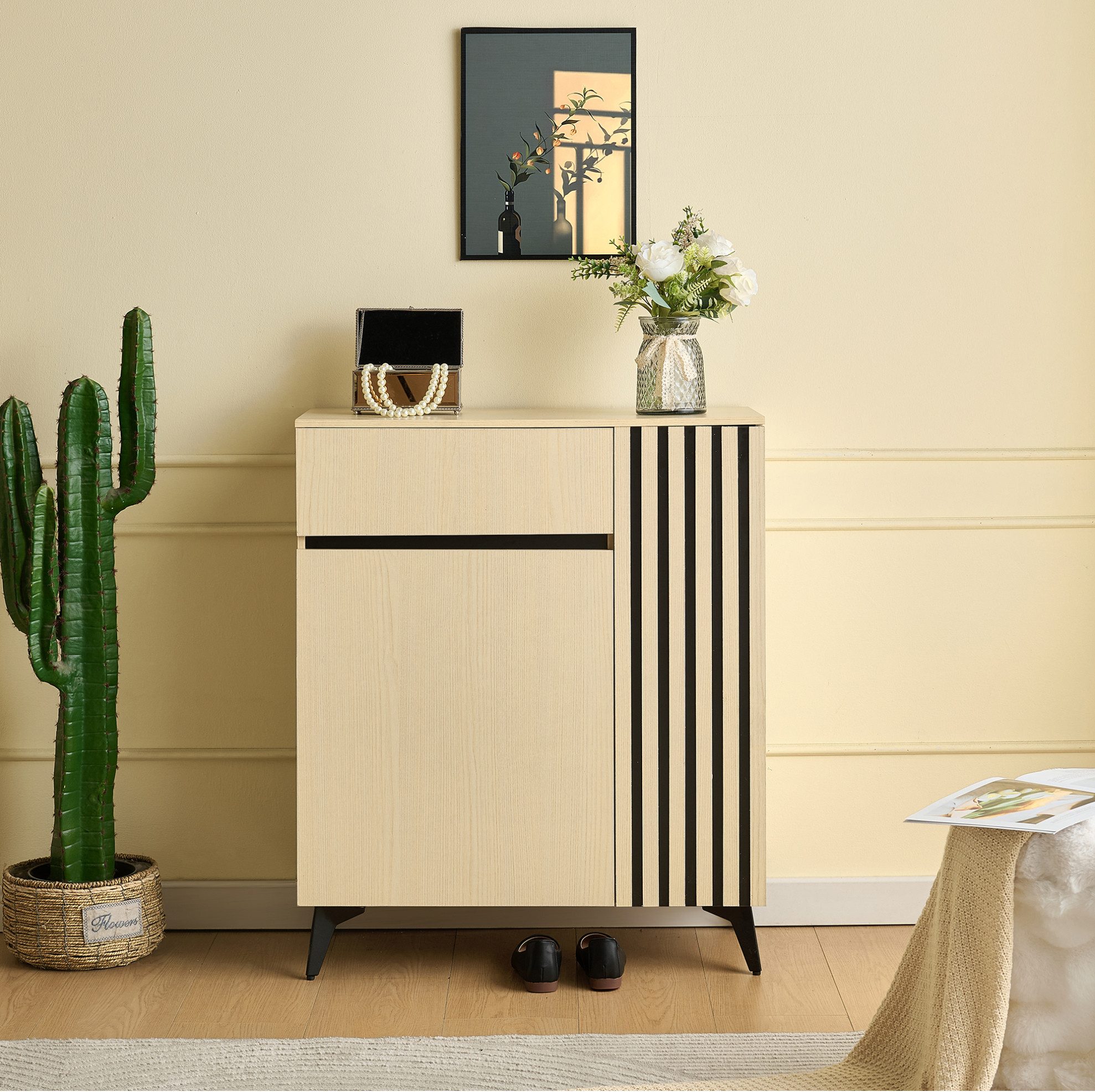 MODFU Garderoben-Set Stilvolle Aufbewahrung für Flur, Wohnzimmer & Schlafzimmer, (1-St., Natur, 75×90×35 cm, Metallfüße), 2 Türen, 1 Schublade, Holzdekor