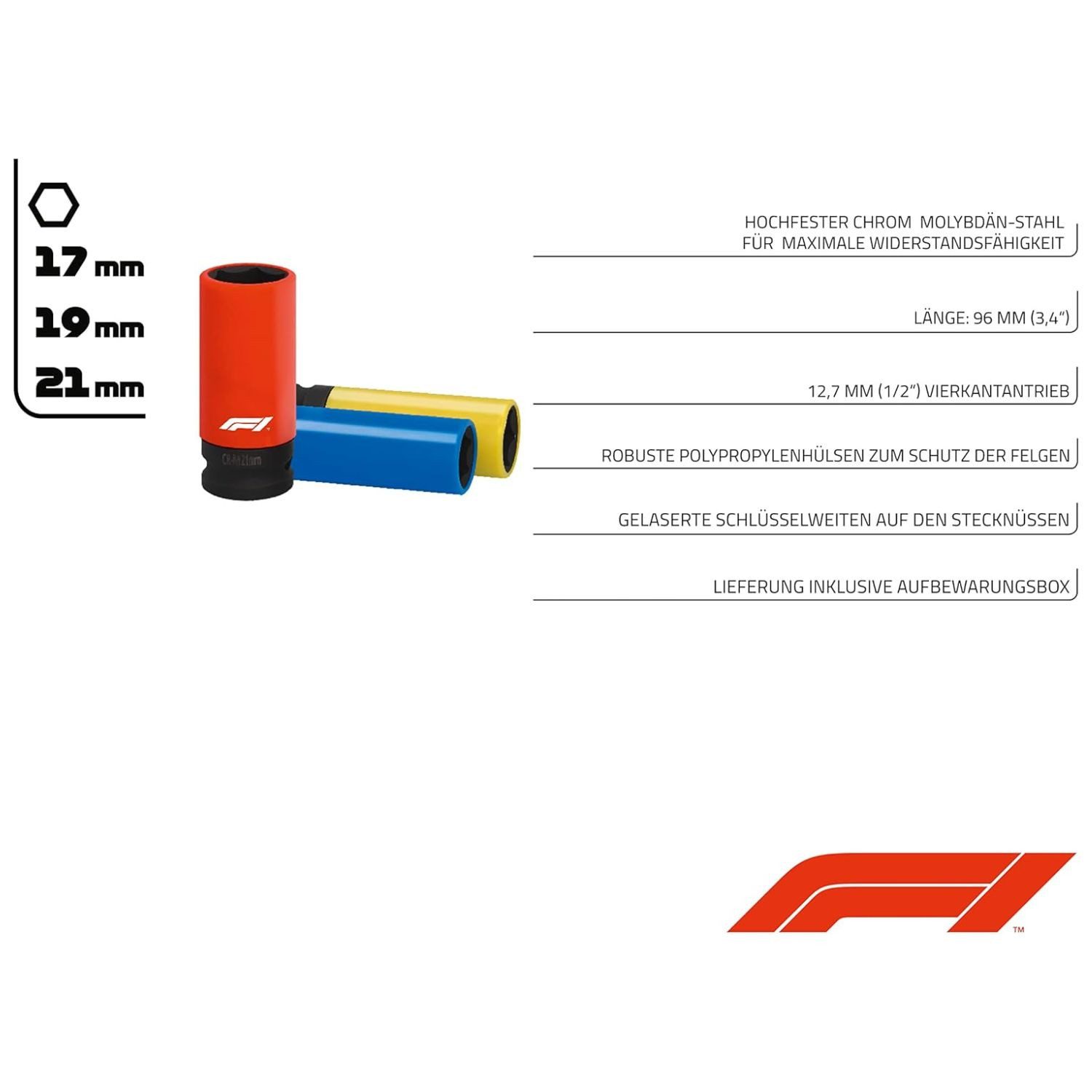 Formula 1 Stecknuss F1 ST300 1/2" Nüsse Nuss Set SW 17mm 19mm 21mm, Set, 3-St., 3-teiliger Stecknuss-Satz, Schlagschrauber Schoneinsätze Felgen 1/2 Zoll Farbkodiert Radwechsel