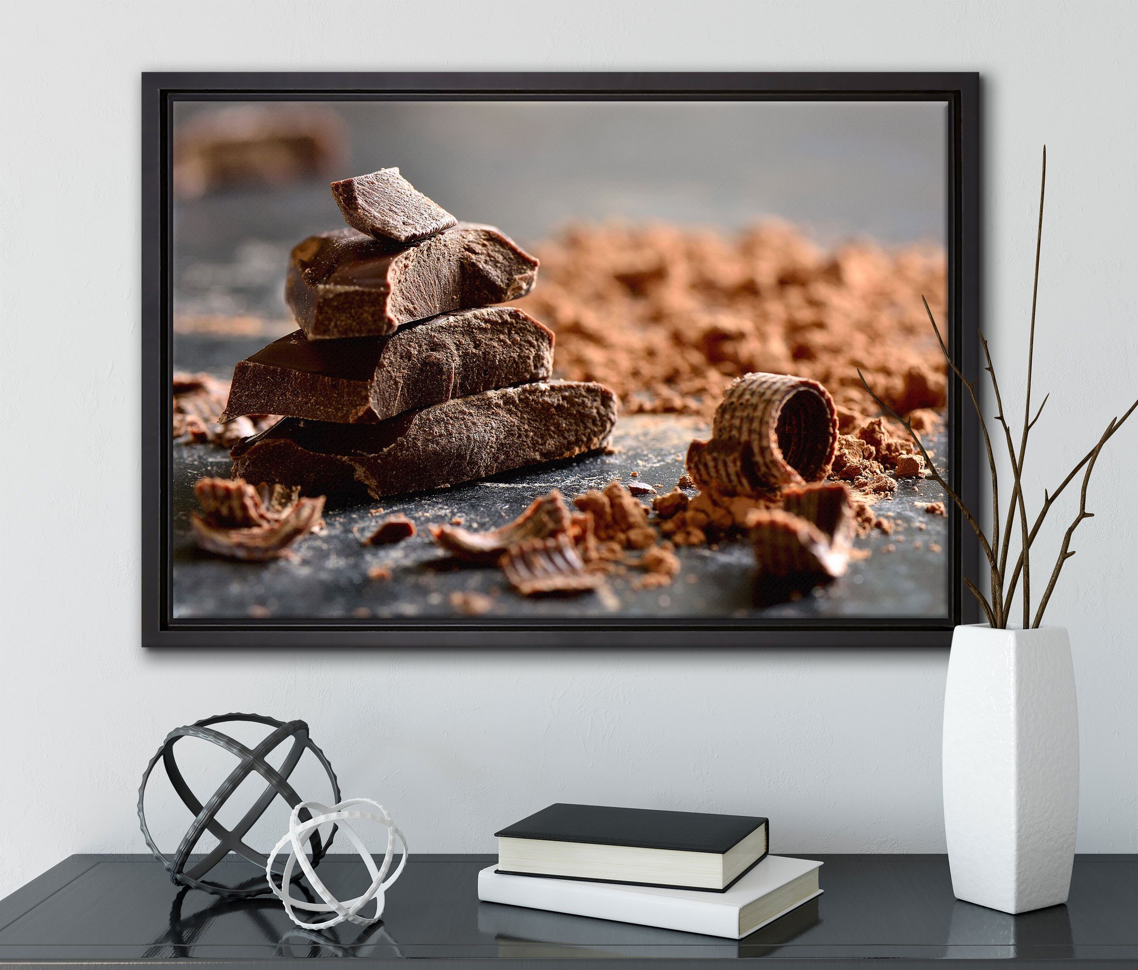 einem Zackenaufhänger St), Leinwandbild Schokoladenraspeln, Wanddekoration Schattenfugen-Bilderrahmen in inkl. Pixxprint gefasst, bespannt, Leinwandbild fertig (1 Dunkle