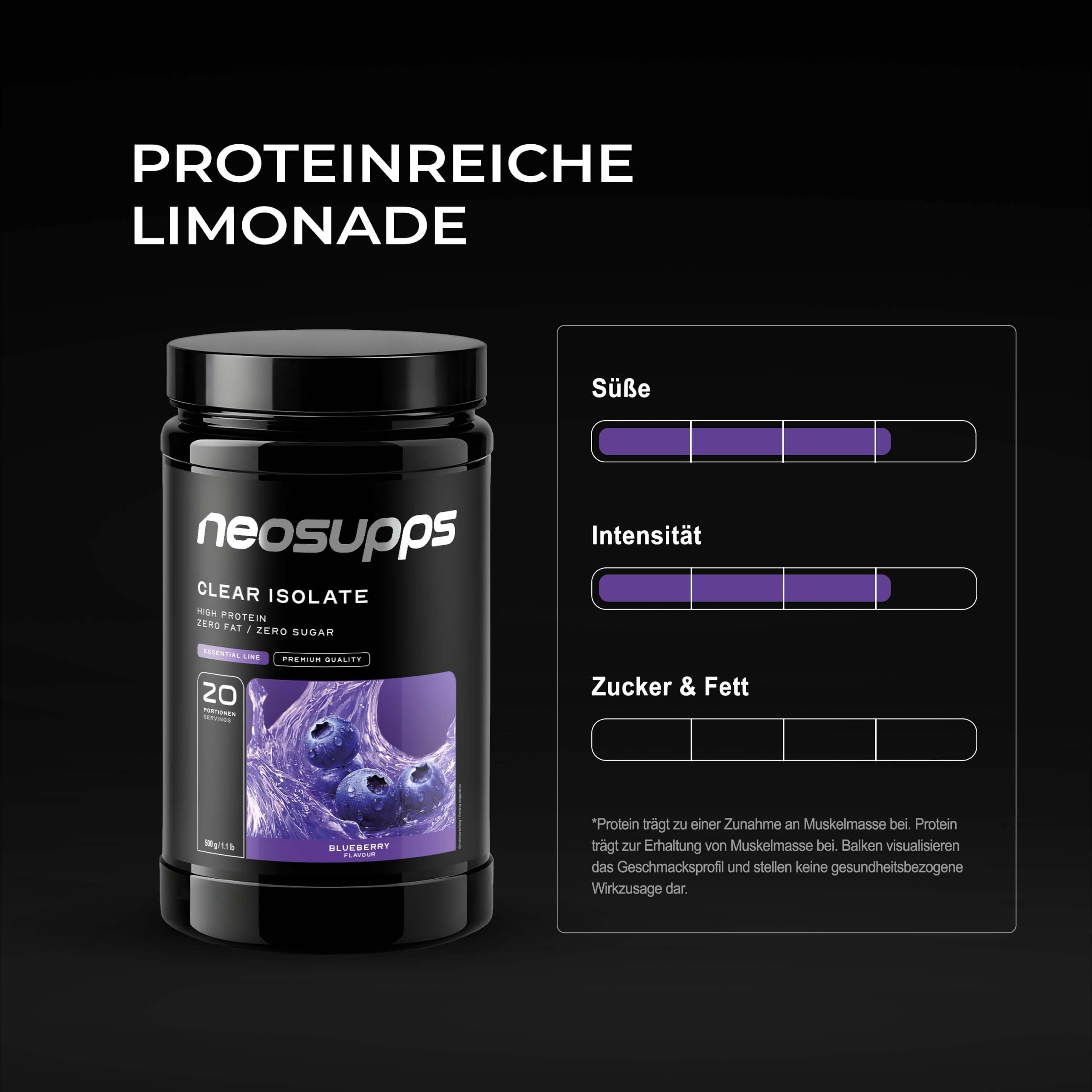 Neosupps Clear Whey Isolat Protein Pulver 500g, Blueberry Geschmack Pulver, 500 g, Made in Germany, Hochwertiger Molkenprotein Isolat