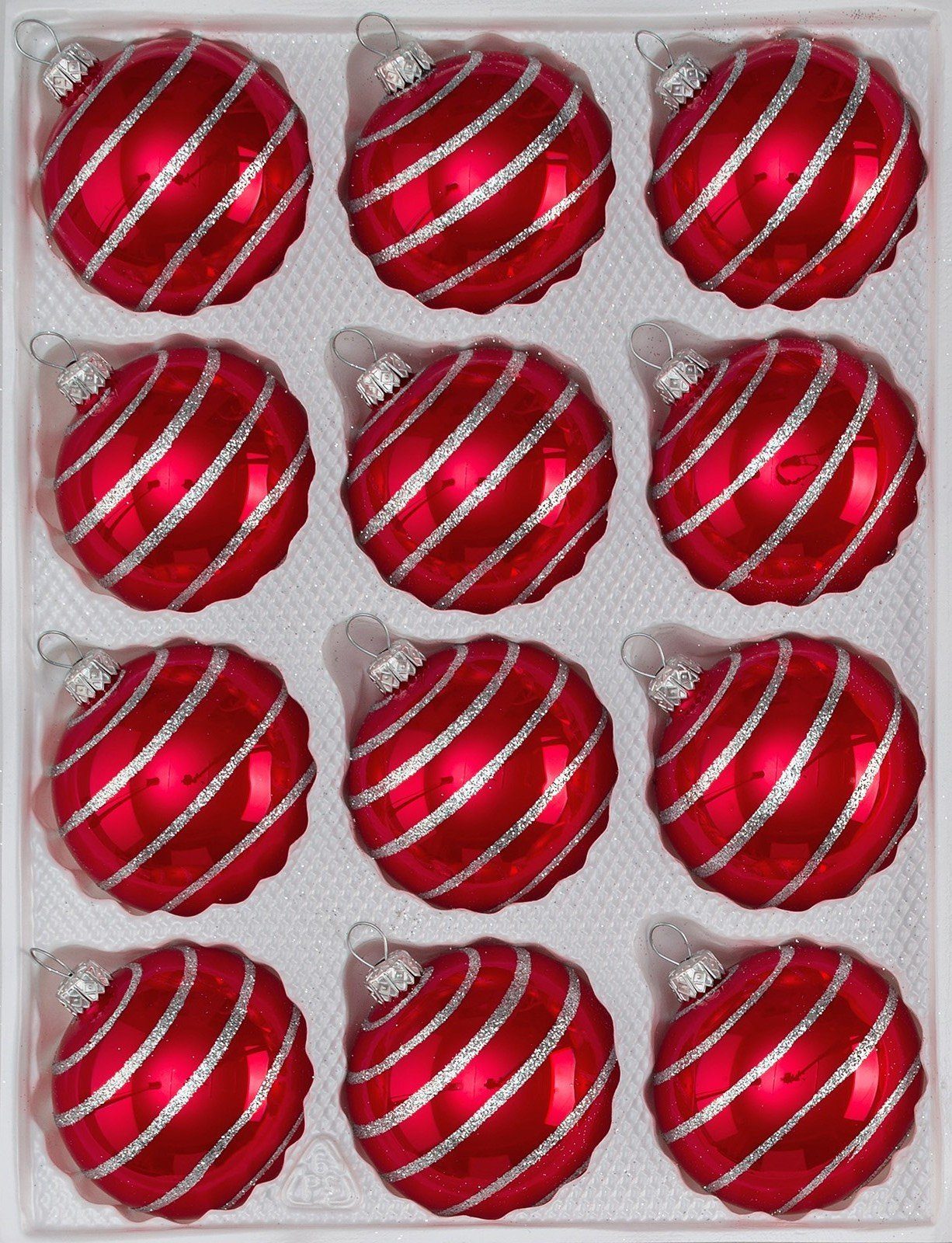 Navidacio 12tlg. "Hochglanz Rot Weihnachtsbaumkugel Set Silber-Spiralen Candy" Glas-Weihnachtskugeln