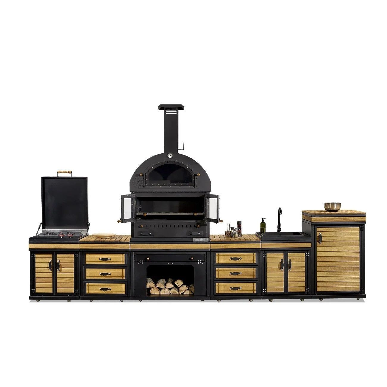 JVmoebel Outdoor-Küche Moderne Außenküche aus Holz und Edelstahl in Schwarz, Made in Europe