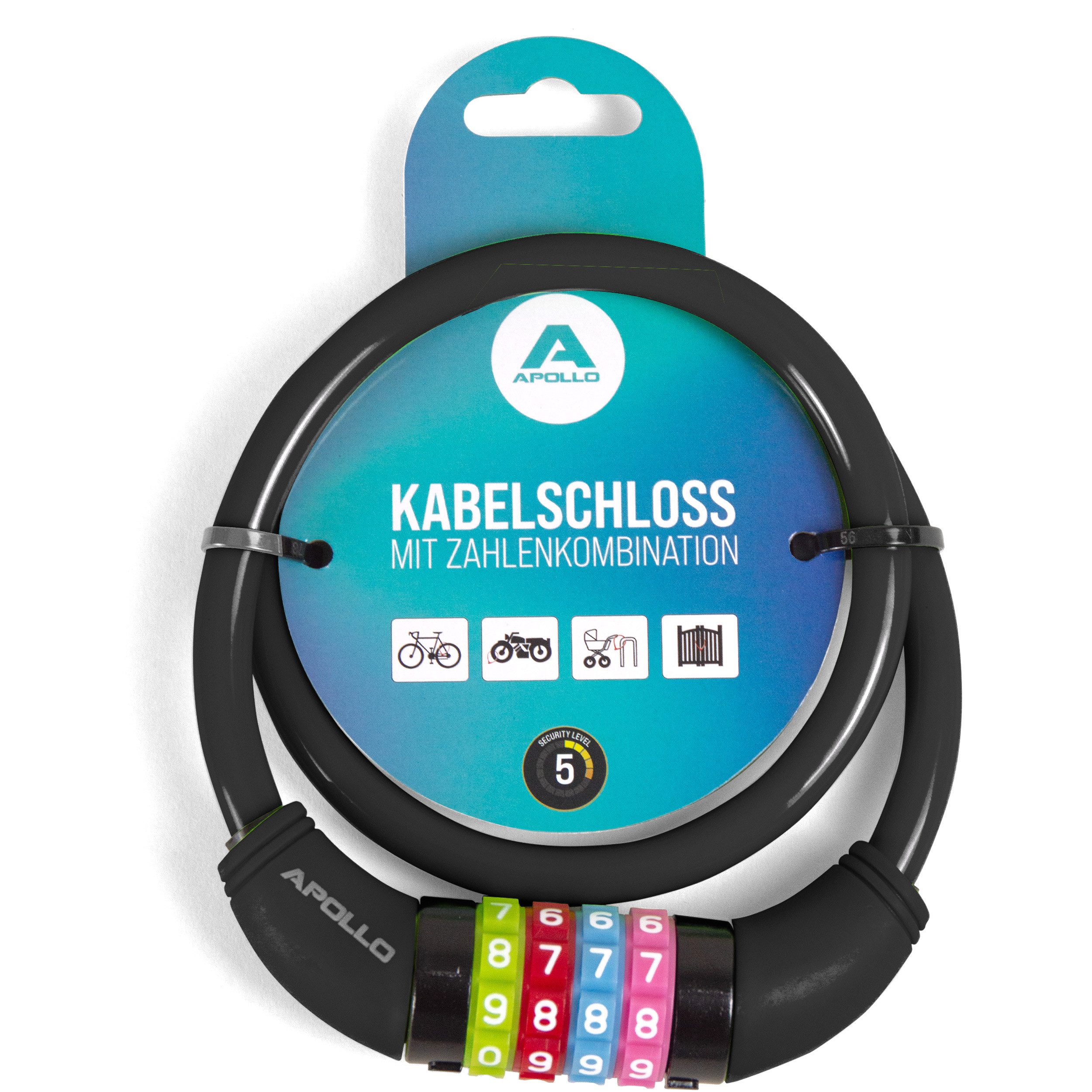 Apollo Zahlenkabelschloss Kinder Fahrradschloss – Zahlenschloss - auch für Scooter und Laufräder, 65 cm Länge, 300 g, 10.000 Kombinationen