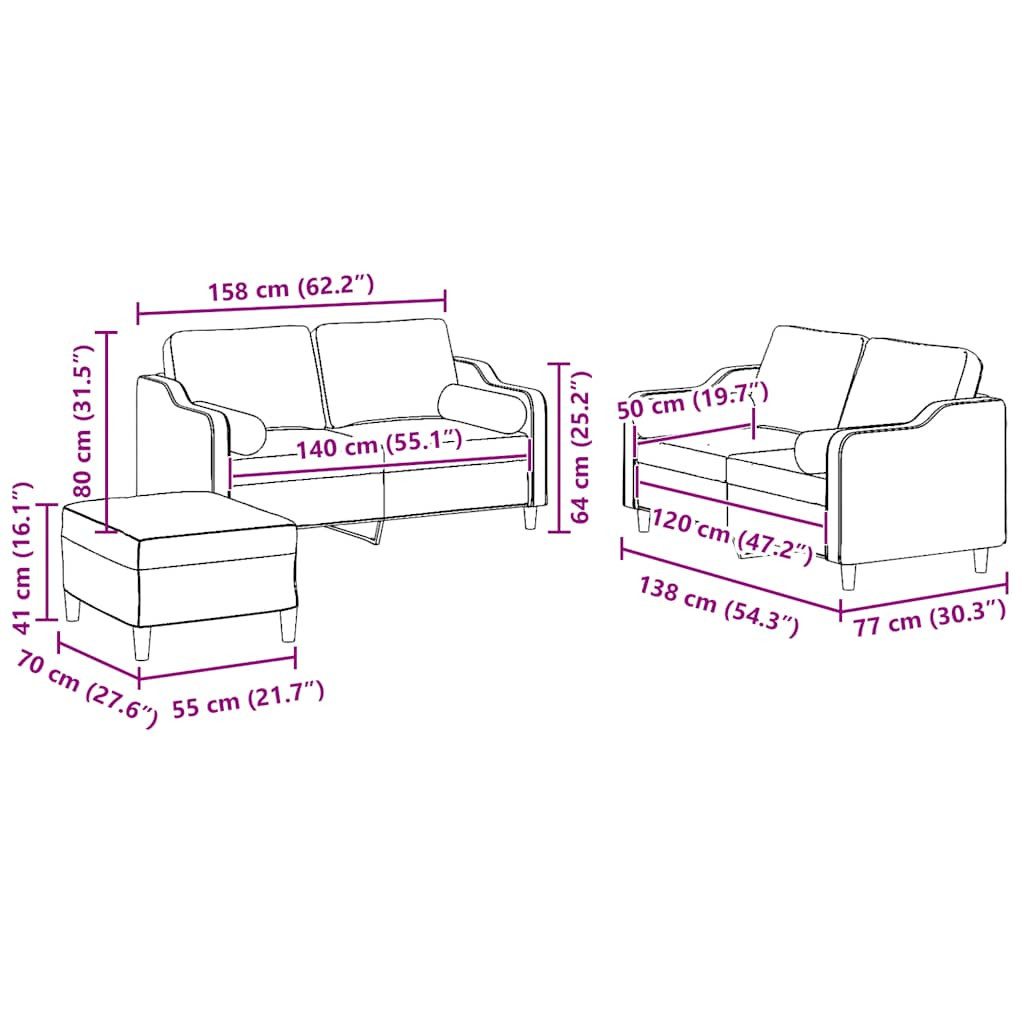 vidaXL Sofa 3-tlg. Sofagarnitur mit Kissen Hellgrau Stoff