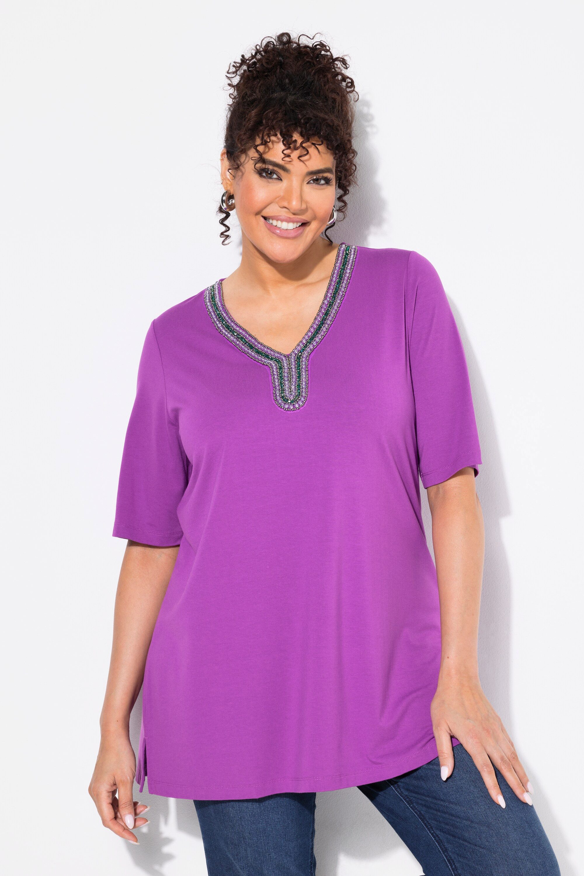Ulla Popken T-Shirt Shirt-Tunika verzierter V-Ausschnitt günstig online kaufen