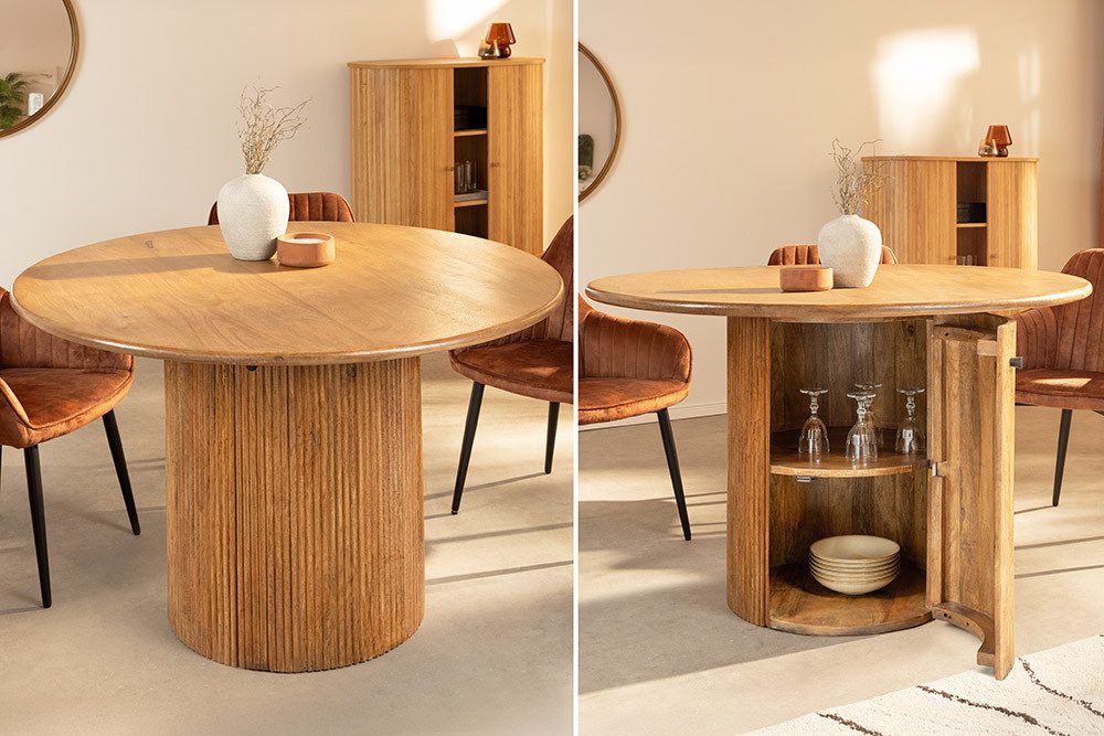 riess-ambiente Esstisch TRES CHIC Ø120cm braun Mangoholz – rund, Säule, mit Stauraum & Ablage (Einzelartikel, 1-St), Massivholz Design, rustikaler Stil, runder Tisch, Stauraum im Fuß