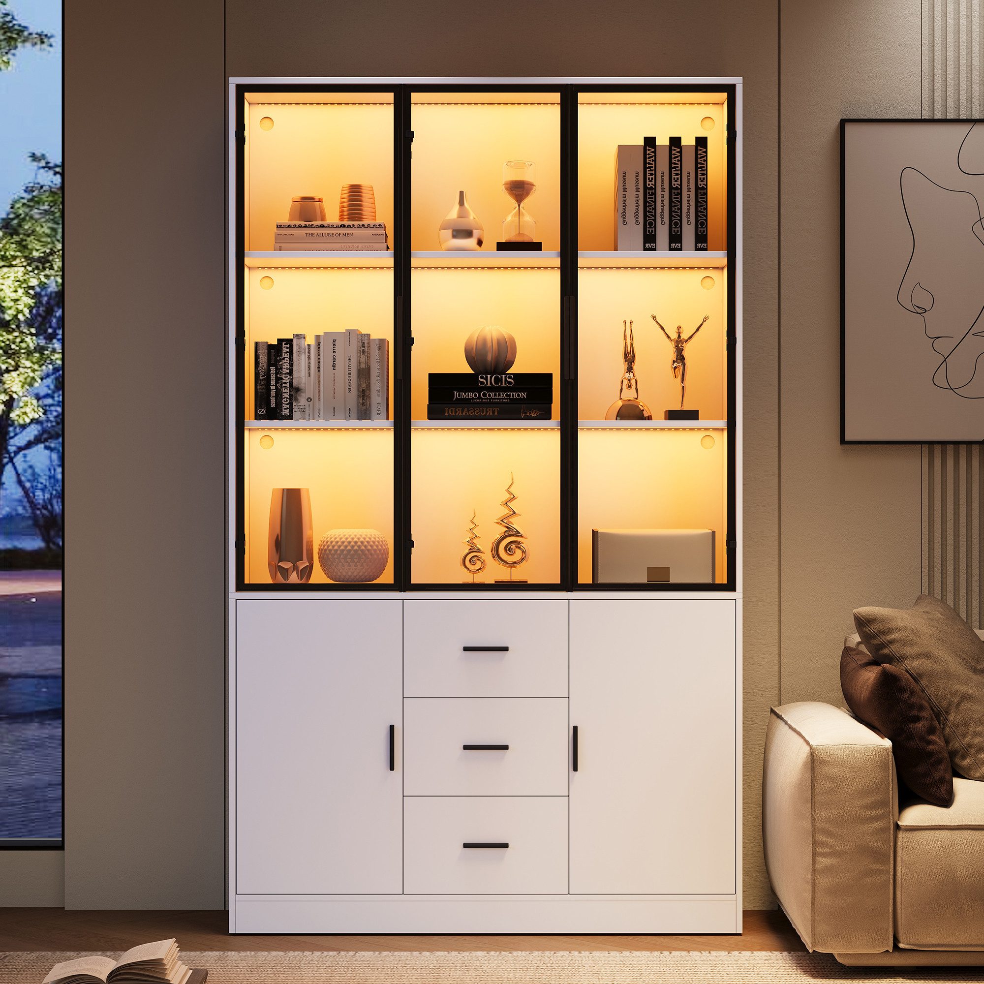 Fine Life Pro Standvitrine Vitrine mit Glas-Tür, LED-Licht, 3 Schubladen + Türen, weiß. 120x30x200 cm, viel Stauraum, ideal für Wohnzimmer. – Bild 5 von 5