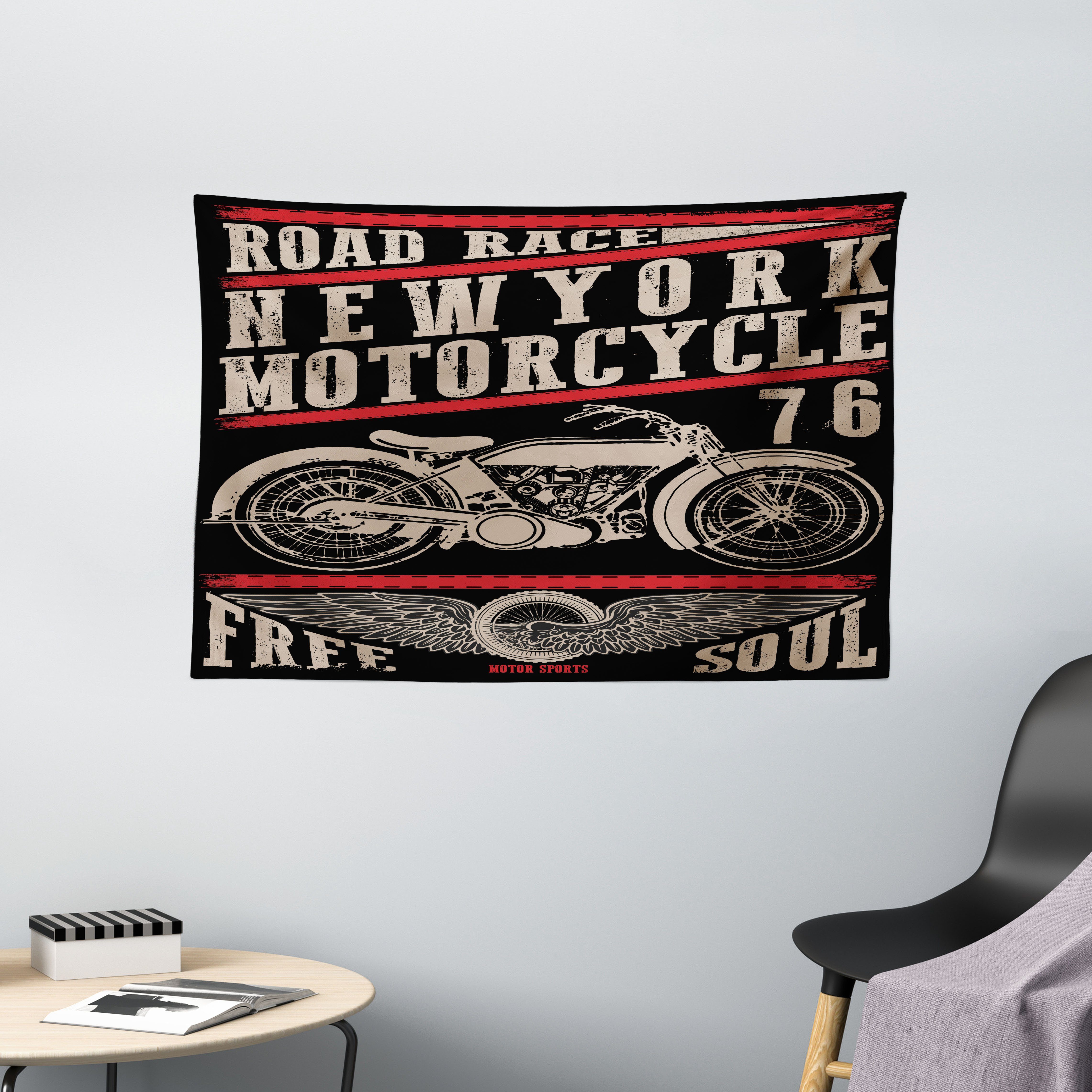 Wandteppich Wohnzimmer Schlafzimmer Wandtuch Seidiges Satin Wandteppich, Abakuhaus, rechteckig, Motorrad Straßenrennen-Plakat-Entwurf