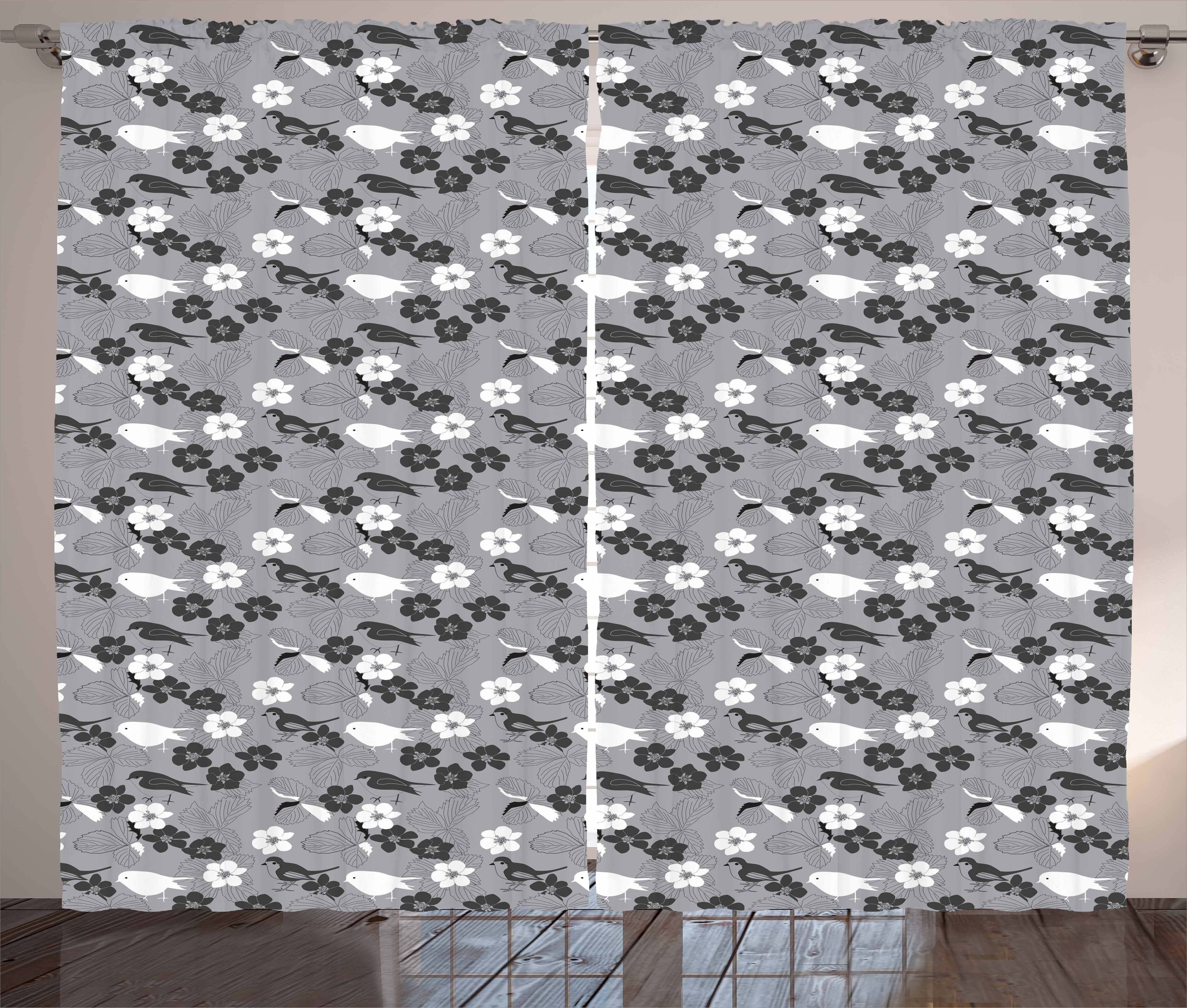 Gardine Kräuselband mit und Grau Vogel-Blumen Haken, Weiß Schlafzimmer und Schlaufen Abakuhaus, Vorhang