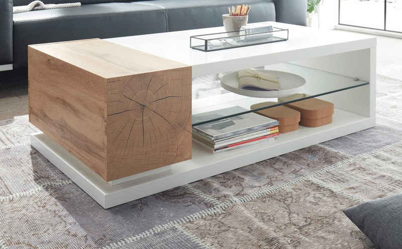 MCA furniture Couchtisch Manisa (Sofatisch, 120x63 cm), weiß matt lackiert, mit Stauraum, mit Eiche-Dekor