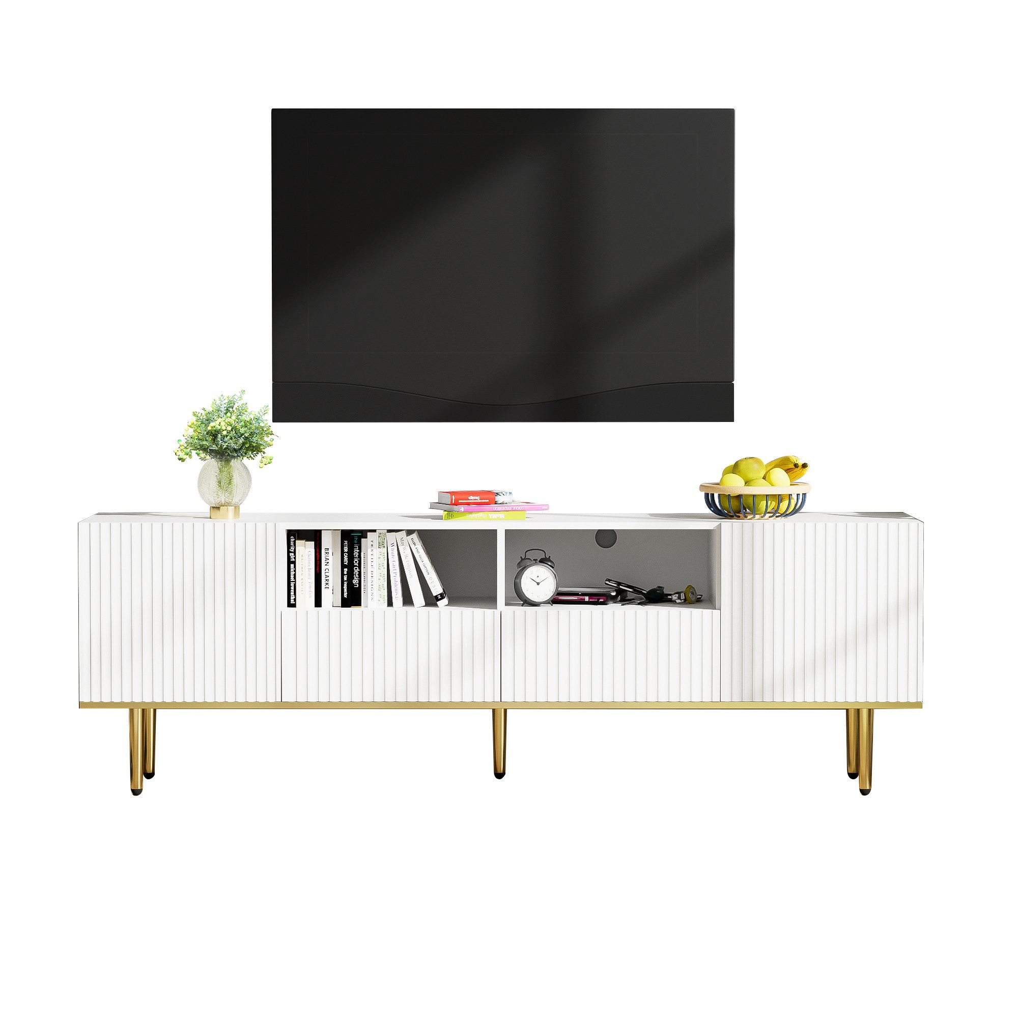 Refined Living Lowboard Moderner TV-Schrank Wohnzimmer TV-Schrank TV-Möbel Fernsehtisch (2 Türen, mit 2 Fächern, 2 Schubladen, mit goldenen Füßen und goldenem Rand, Multifunktion), Moderne goldene Akzente, Hochwertige Materialien, GroBer Stauraum