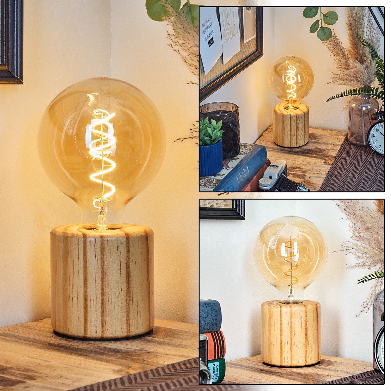 Tischleuchte Tischlampe aus Holz in Natur/Schwarz mit Schalter am Kabel