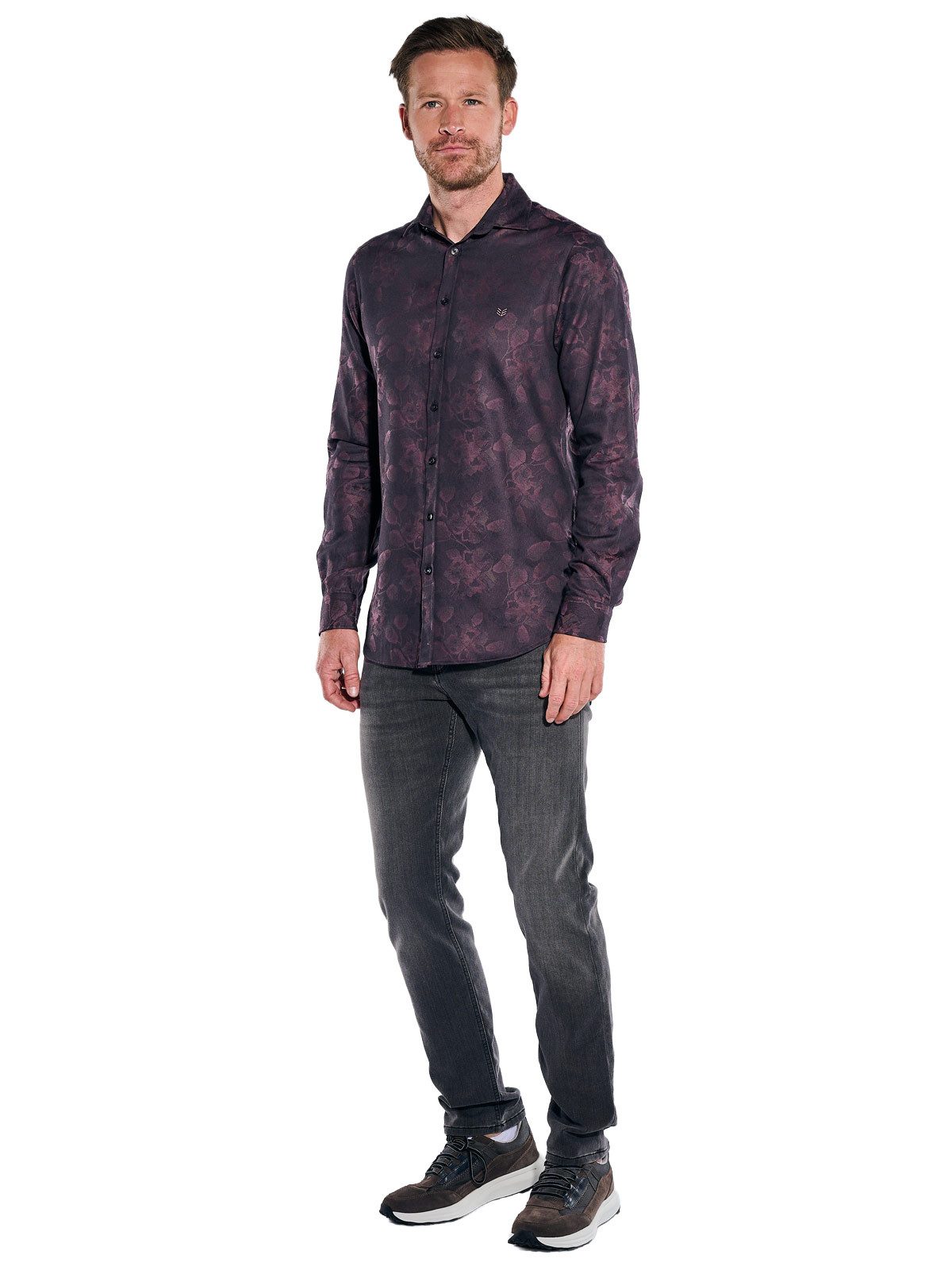 ENGBERS GERMANY Langarmhemd Herren Langarm Hemd mit floralem Muster, Bordeaux – Bild 3 von 5