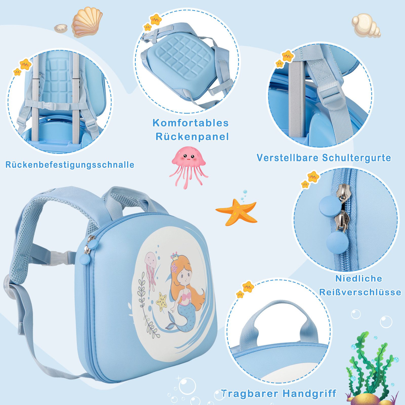 COSTWAY Kinderkoffer, 4 Rollen, 4 TLG. 14”+10” 35L Kindertrolley, Handgepäck