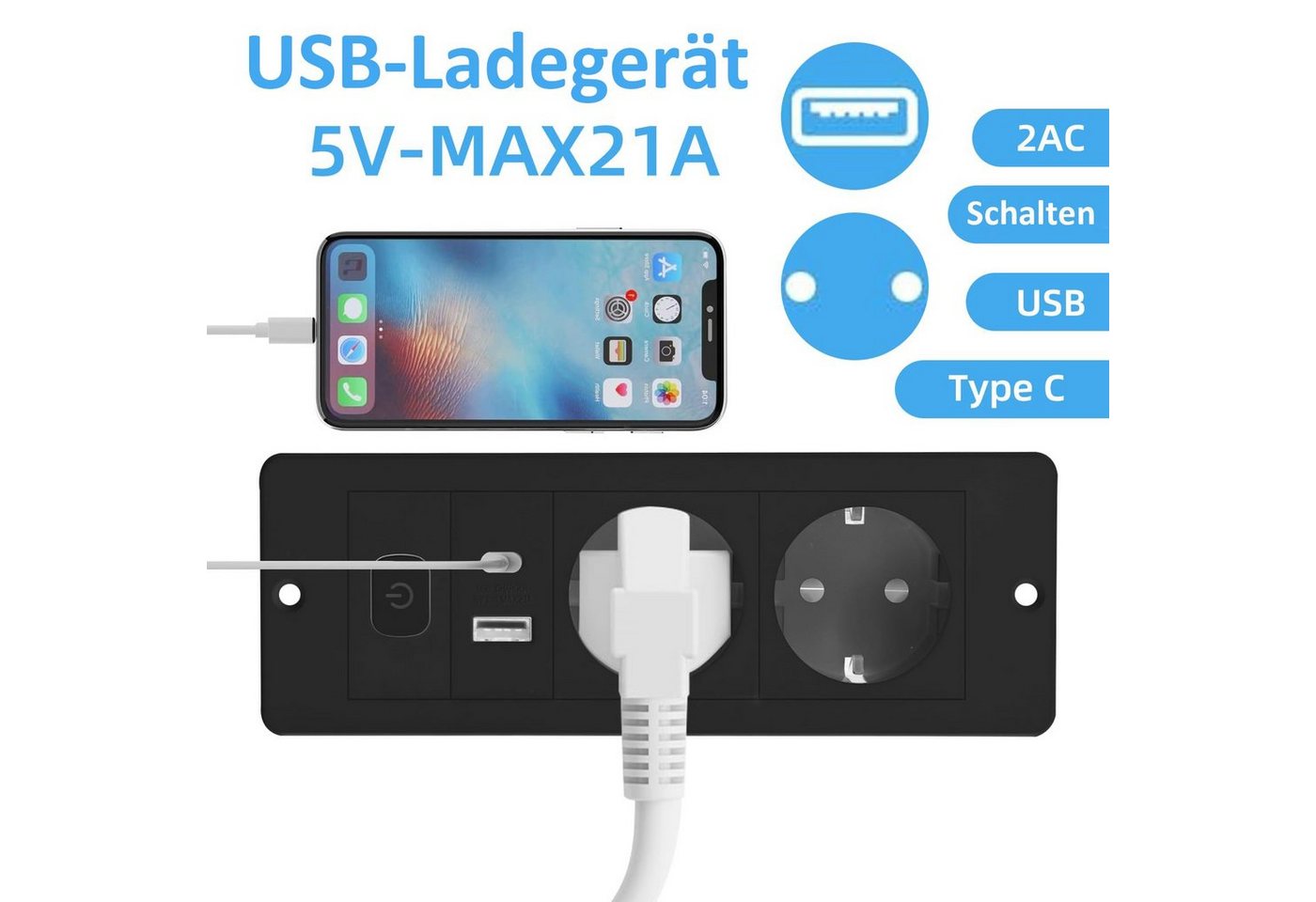 Thumbnail - TWSOUL Tischplatte Versenkte Steckdose, 2 Fach Tischsteckdose mit USB & Typ-C Steckdosenleiste (Ein- / Ausschalter, USB-...