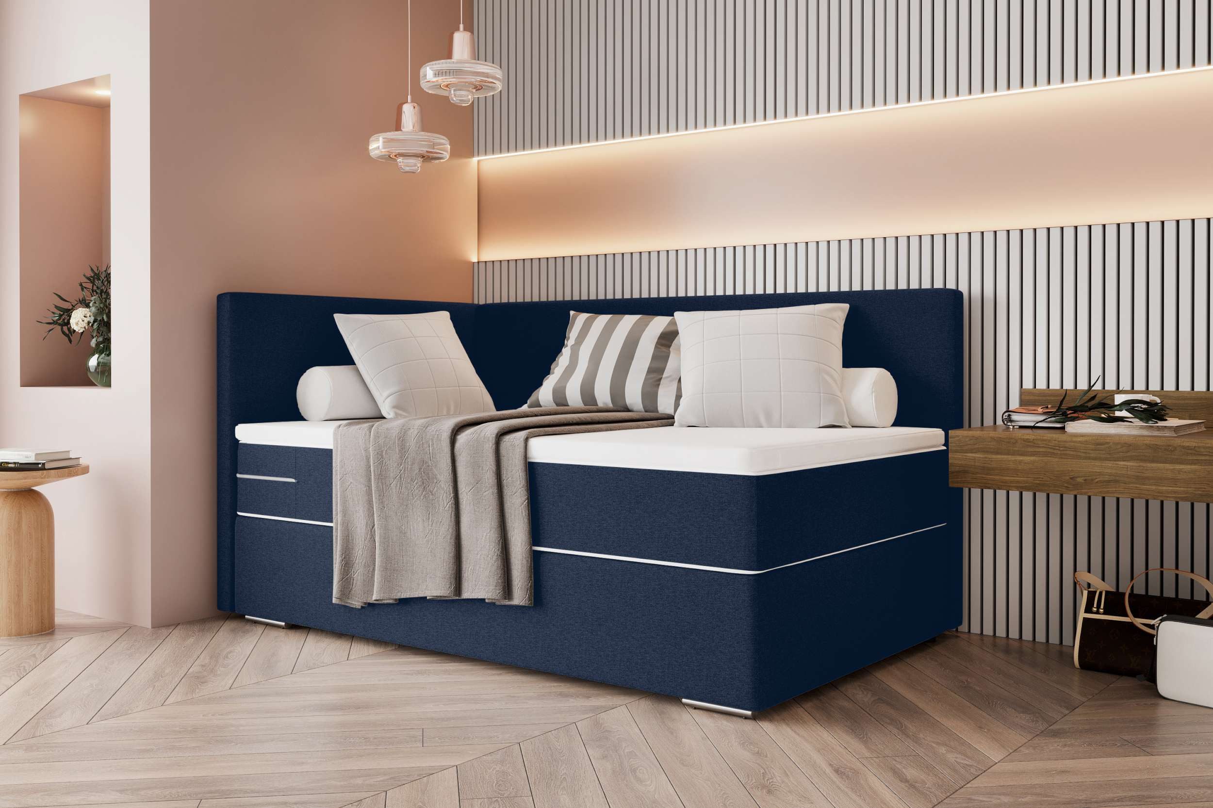 99rooms Boxspringbett Phönix Mini Plus (Schlafzimmerbett, Bett), mit Taschenfederkernmatratze und Topper, in Webstoff MALMO_NEW