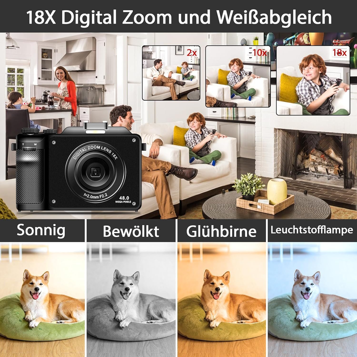 FANNOU 1080P Digitalkameras mit Front- und Rückobjektiv Kompaktkamera (48 MP)