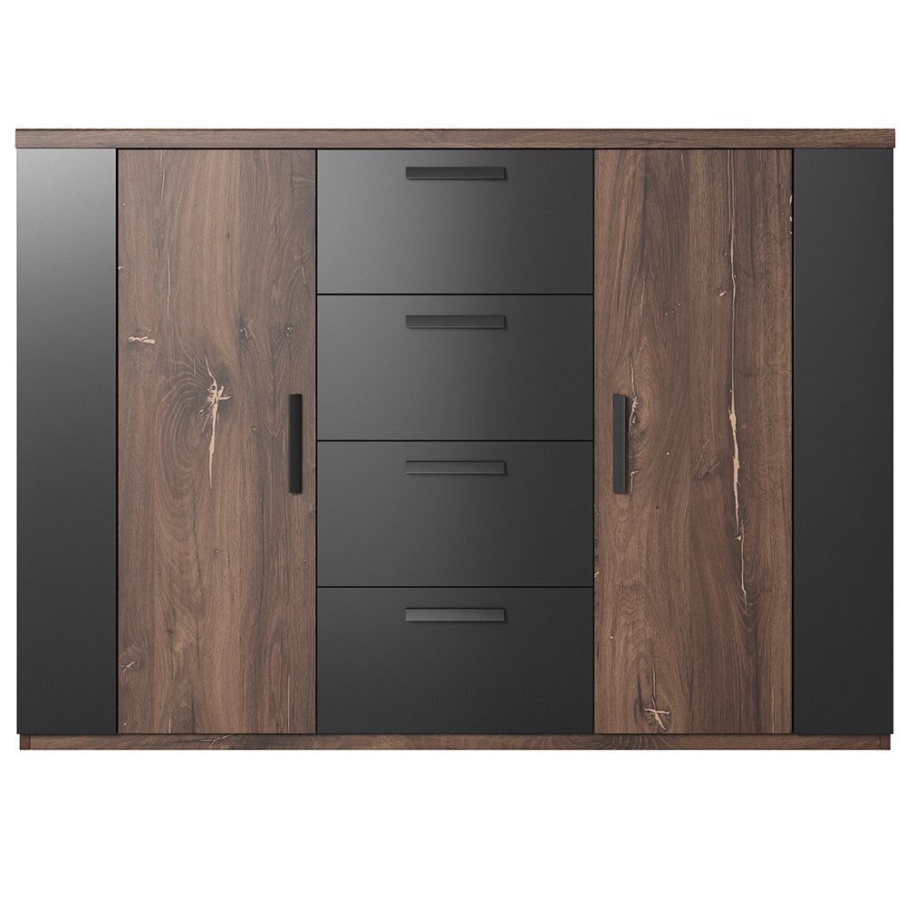 Lomadox Kommode SOLMS-83, Eiche dunkel Nb. und kupferrot kombiniert mit schwarz 132/94/40 cm