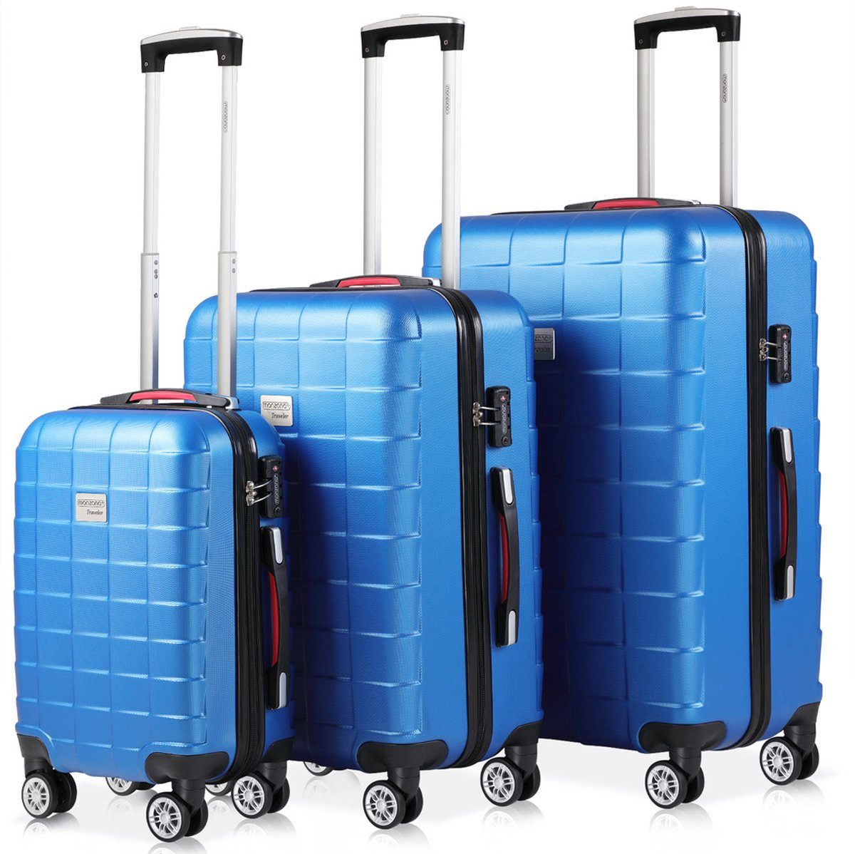 monzana Kofferset Exopack 3-teilig - TSA-Slot, Rollen - Blau, 4 Rollen, (Set, 3 tlg., Hartschalen Trolley Set)