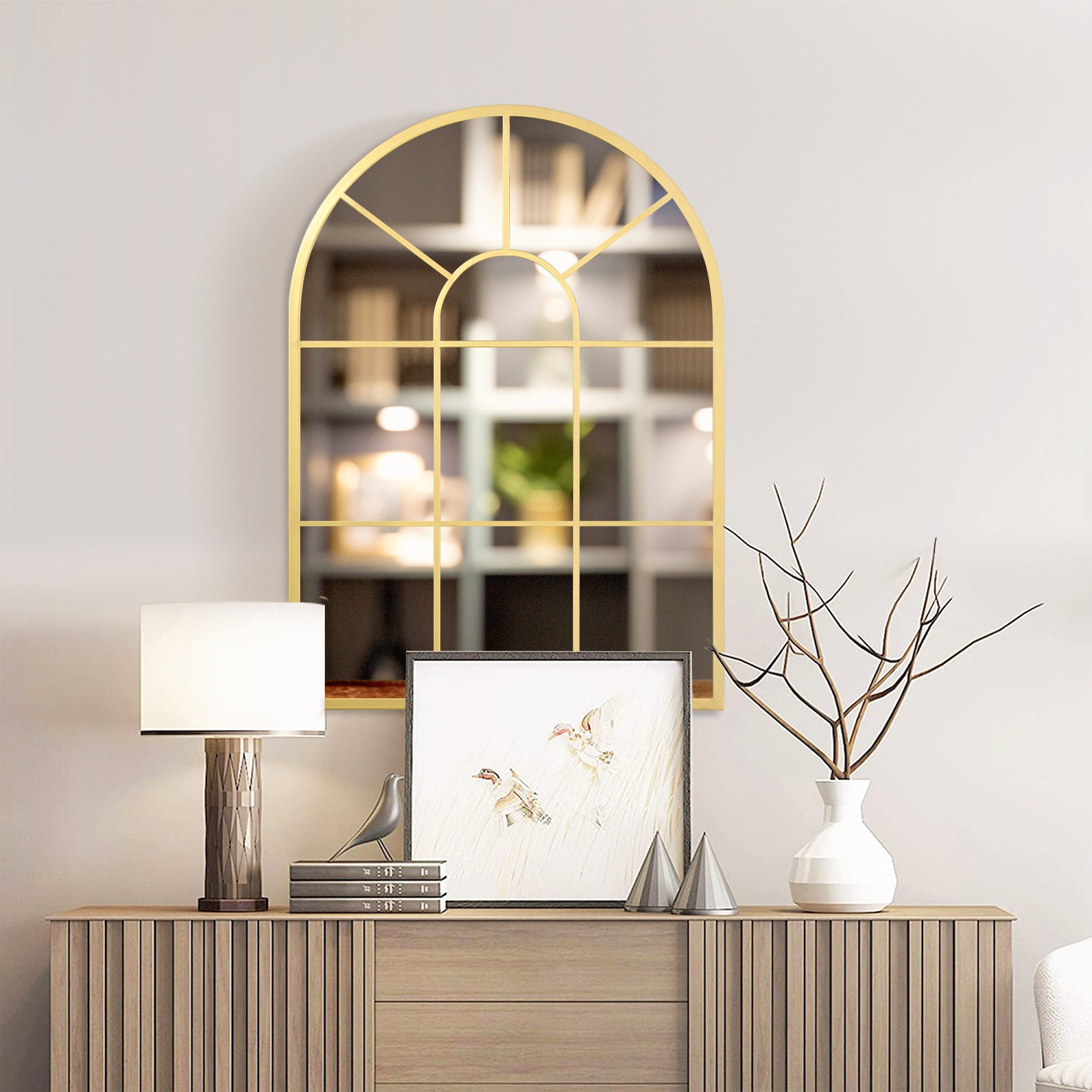 HOMCOM Wandspiegel Hängespiegel Flurspiegel mit Metallrahmen für Schlafzimmer (Flurspiegel, 1-St., Fensterspiegel), für Wohnzimmer, Esszimmer, Schlafzimmer, Gold