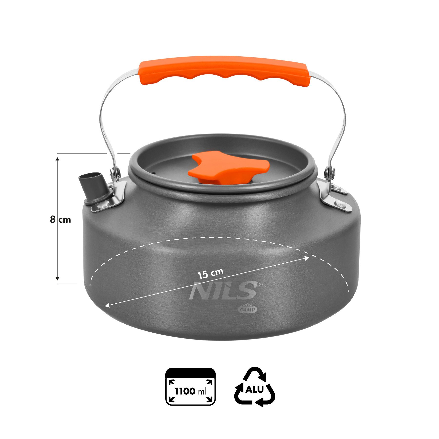 NILS CAMP Reise-Wasserkocher Campingkessel Teekessel Wasserkessel, 1.1 l, 1,1 l, eloxiertes Aluminium, kühler Klappgriff