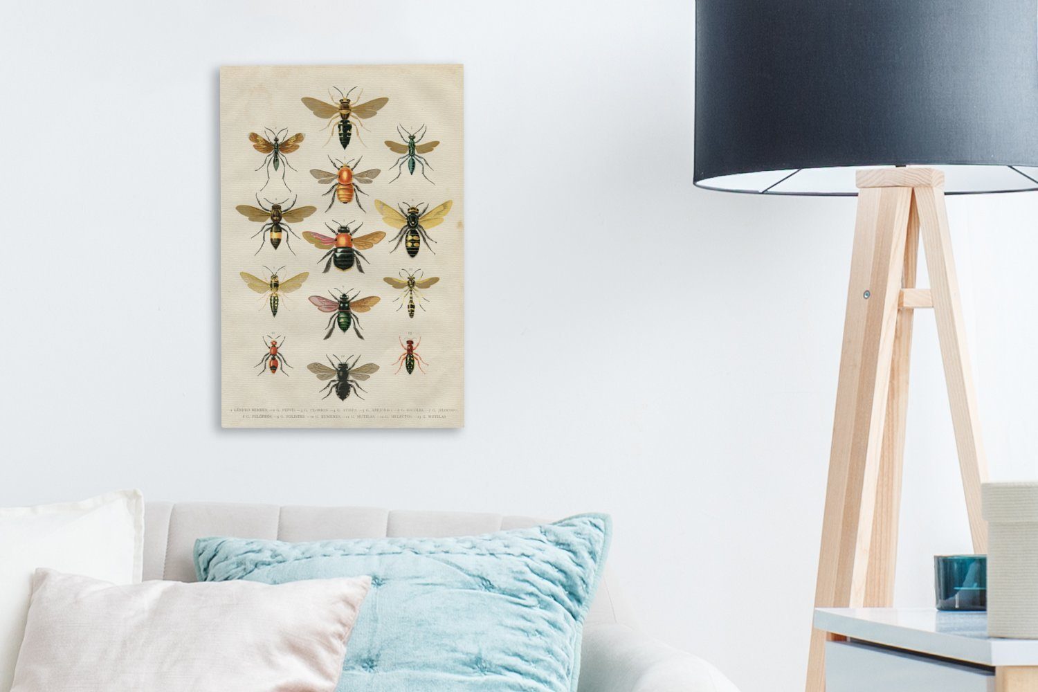 OneMillionCanvasses® Leinwandbild Eine Illustration einer bespannt Gruppe 20x30 St), Gemälde, Hintergrund, hellen cm von inkl. Zackenaufhänger, vor (1 fertig einem Leinwandbild Bienen