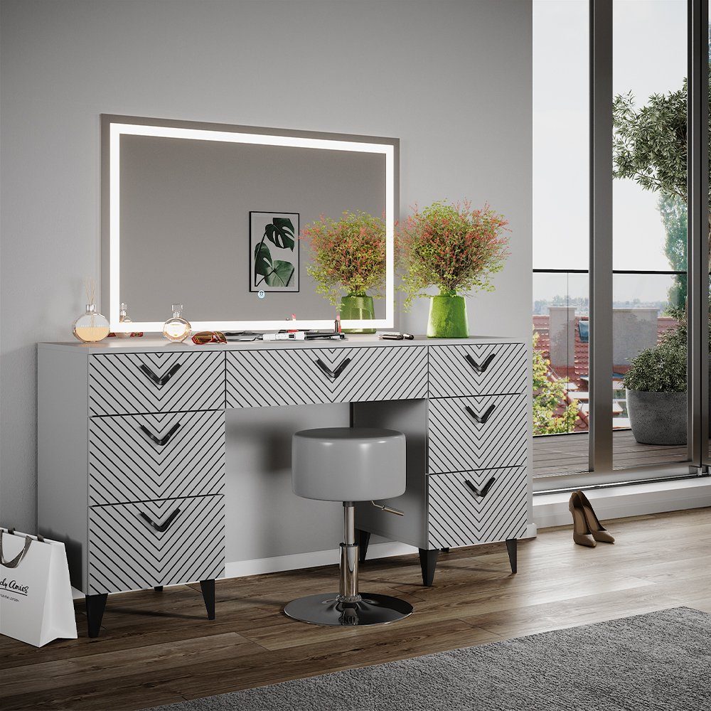 Vicco Schminktisch Anett, Grau, 150 cm mit LED Spiegel und Hocker günstig online kaufen