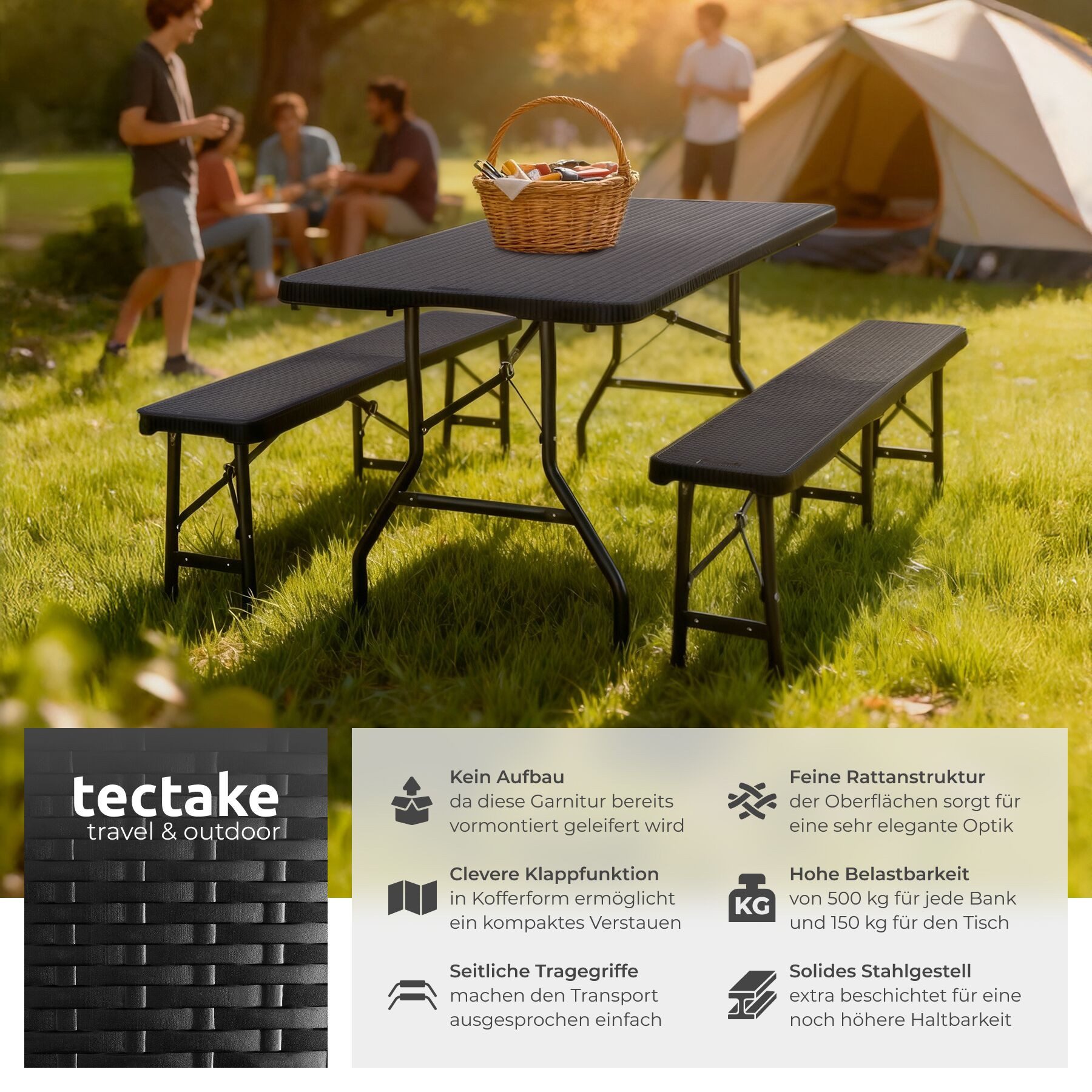 tectake Campingtisch Vani (1-St., 3 tlg), Kompakte Campinggarnitur mit Klappfunktion
