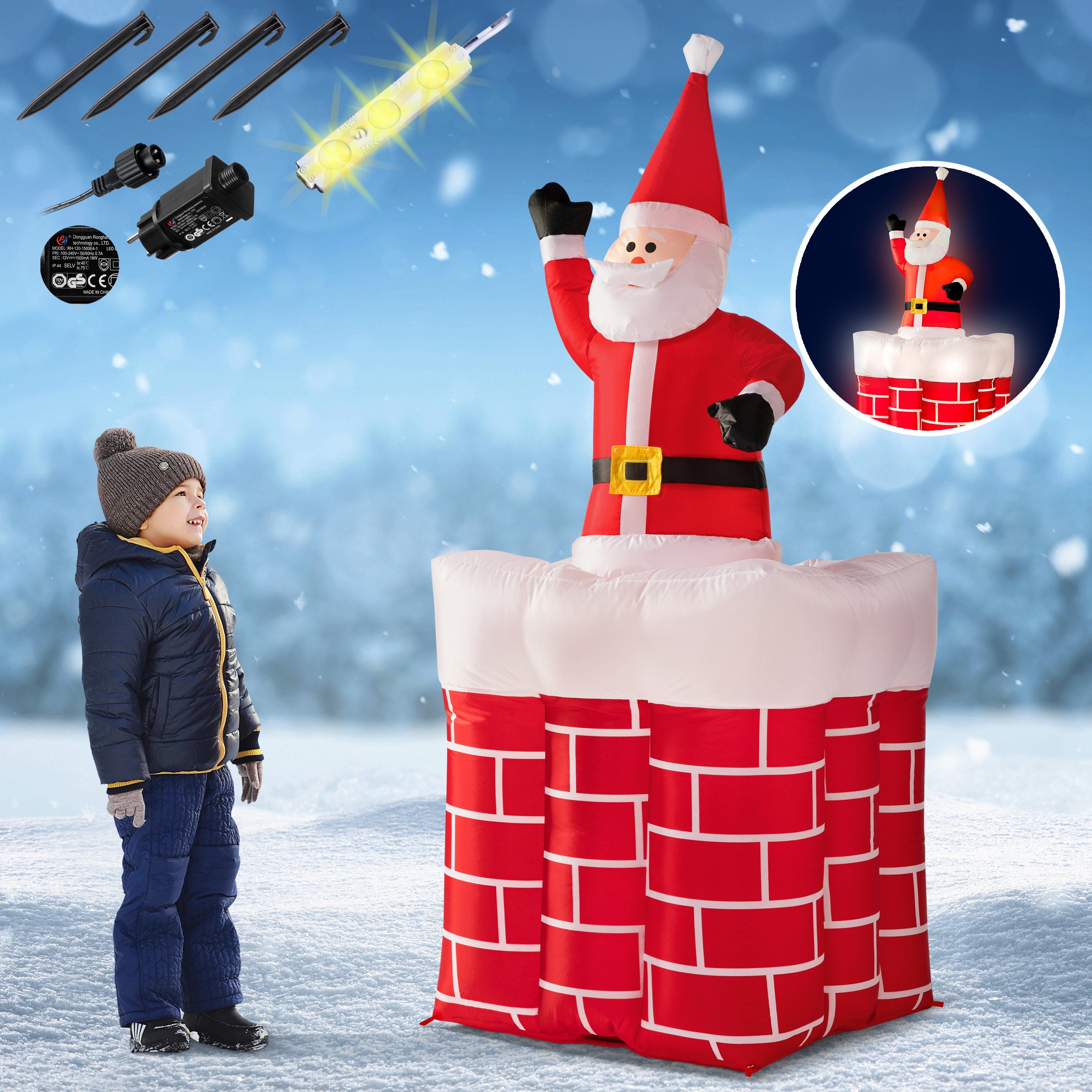 monzana Weihnachtsmann, Aufblasbarer 178cm groß LED Beleuchtet springt-aus-dem-Schornstein