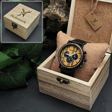 Holzwerk Chronograph BERGA Herren Edelstahl & Holz Uhr mit Leder Armband in schwarz, beige