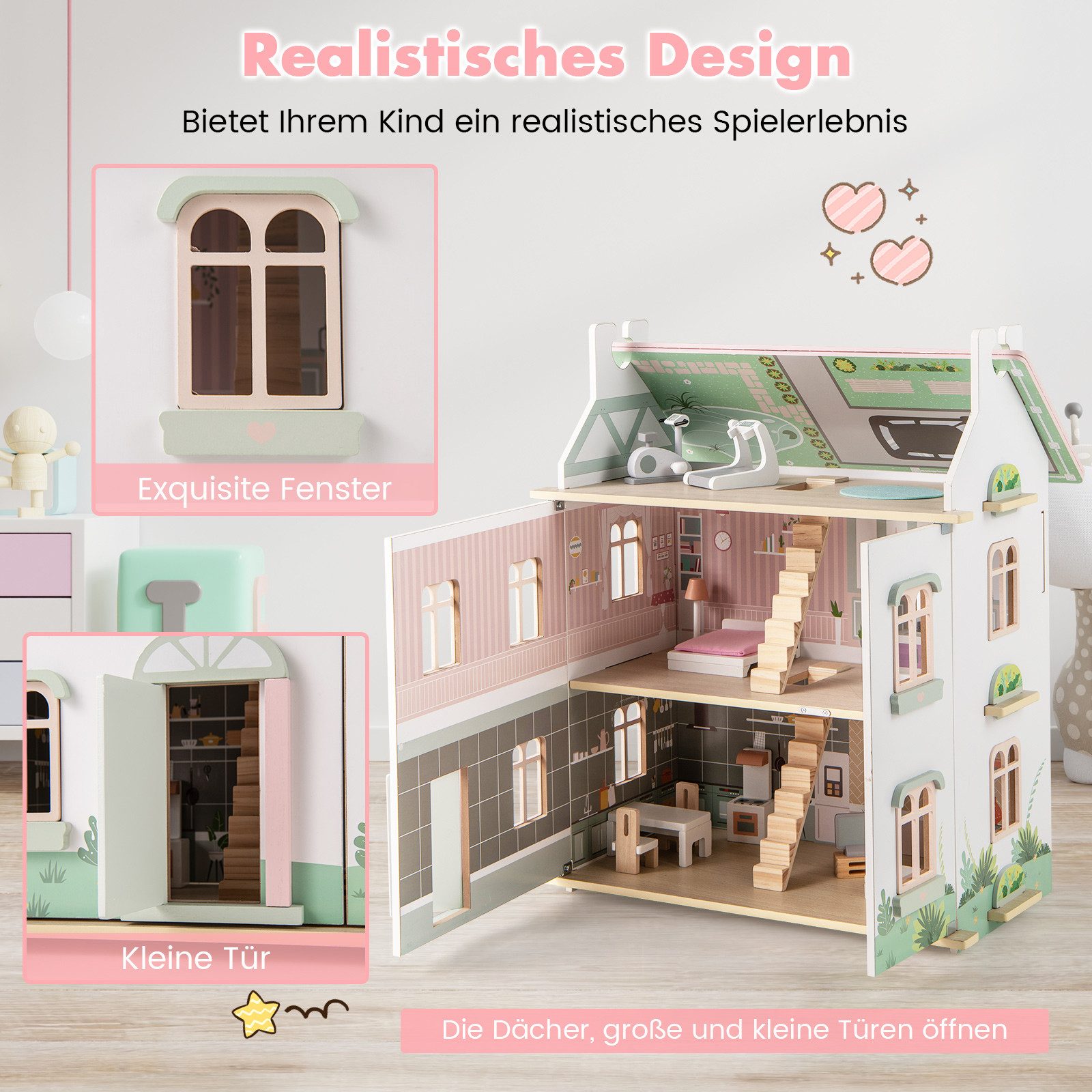 COSTWAY Puppenhaus, 3 Etagen Puppenstube, Holz mit Dächern, Türen, Zubehör
