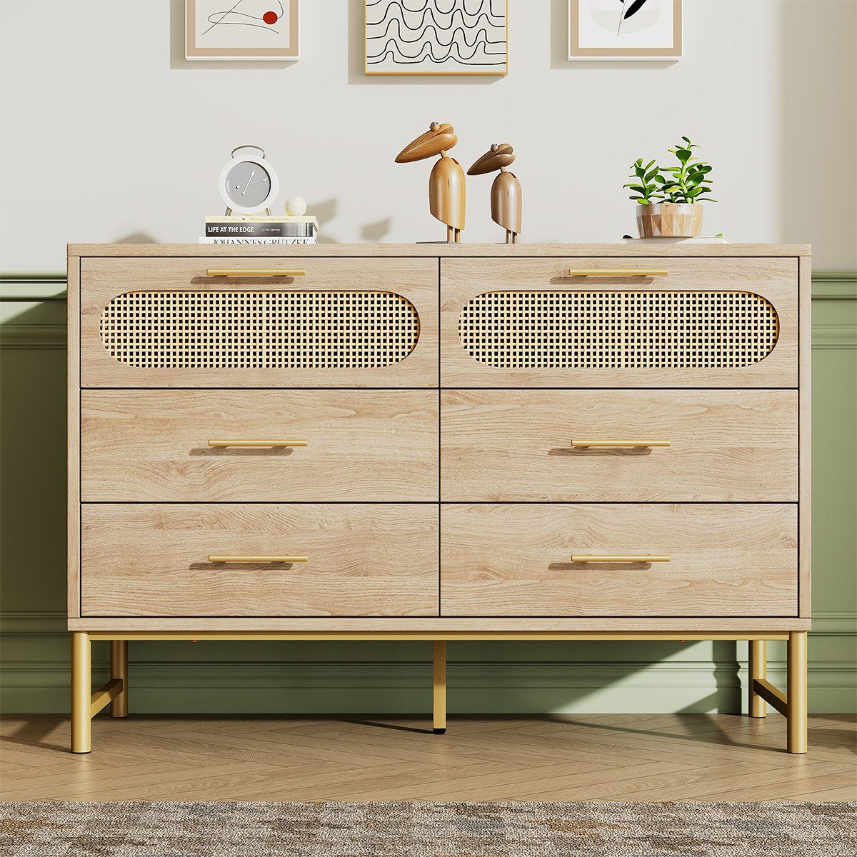 XDeer Sideboard Sideboard mit 6 Schubladen Holzschrank Buffetschrank Rattan, kommode für Wohnzimmer und Schlafzimmer 120 x 40 x 74 cm