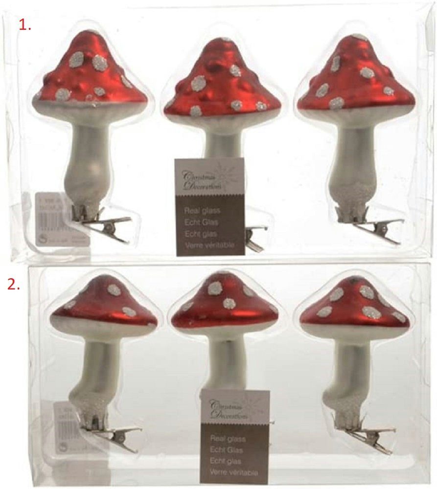 Kaemingk Christbaumschmuck Baumschmuck Pilz knubbelige Pilzkappe 3er Set Glaspilz mit Clip
